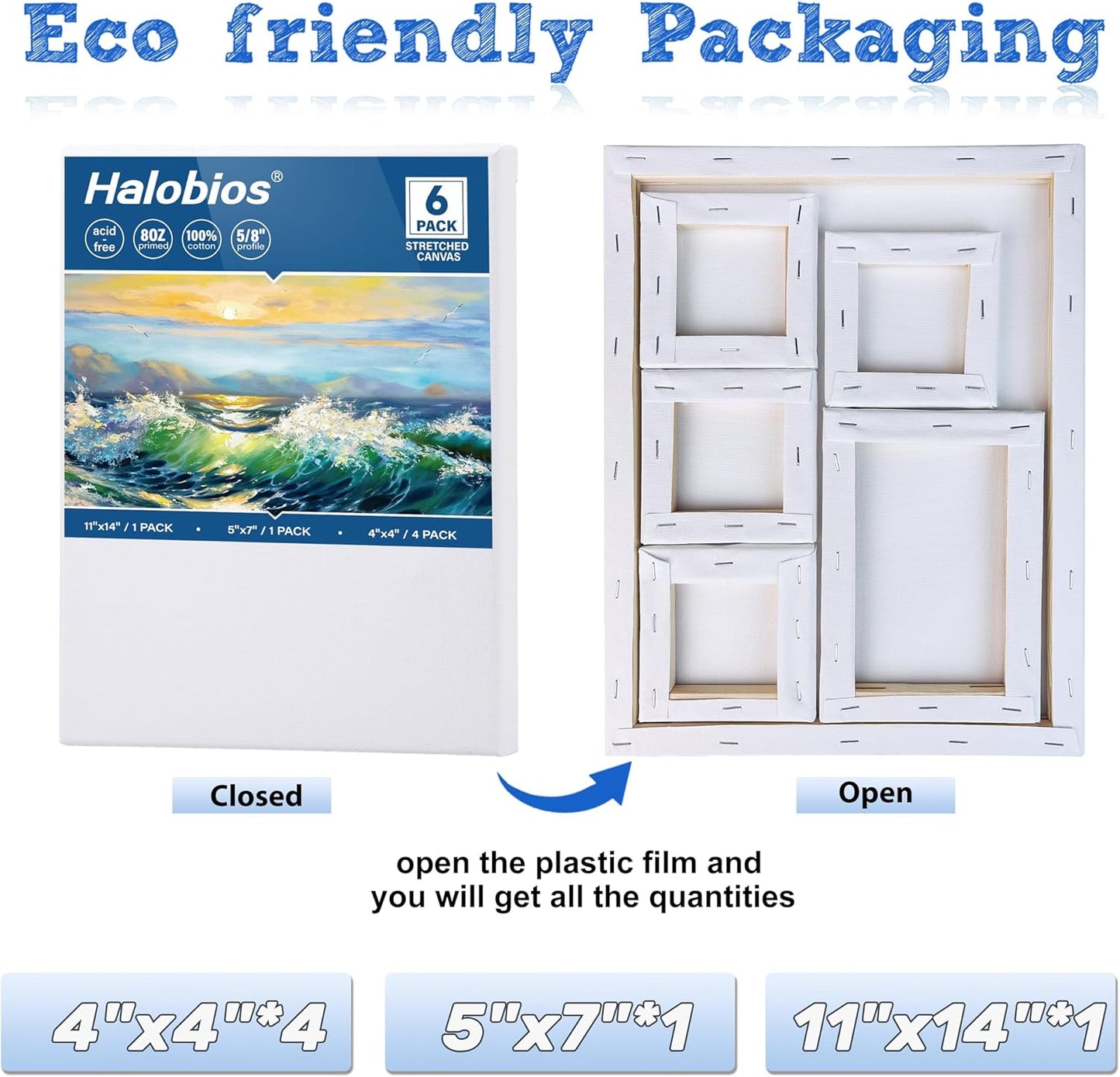 6 Packs Stretched Canvases for Painting with 4x4in, 5x7in, 11x14in Canvas, Blank Canvases for Acrylics, Oils & Other Painting Media, 5/8 Inch Profile 100% Cotton Artist Framed Canvas