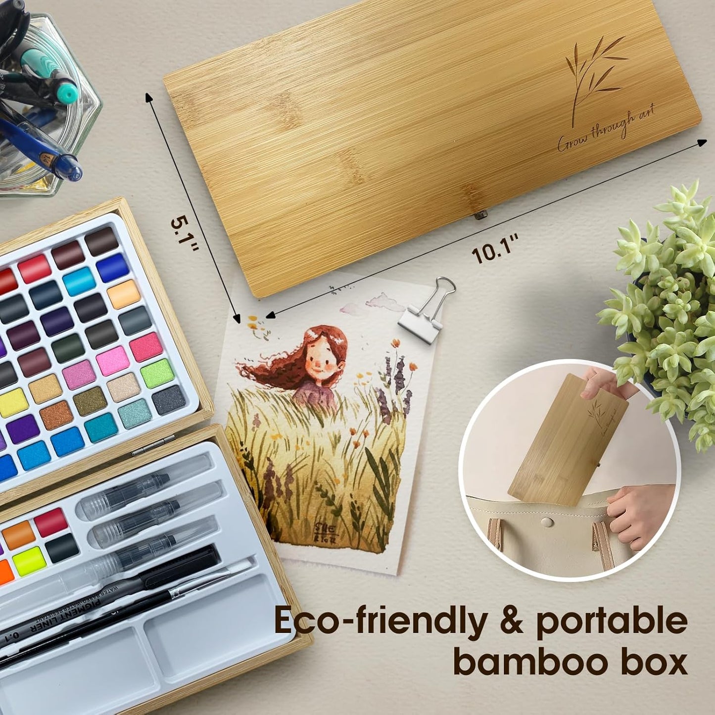 Watercolor Paint Set,100 Colors in Nature Bamboo Box,Portable Water Colors Kit with Papers and Brush Pens,Great for Kids Adults Beginners & Professionals（bamboo）