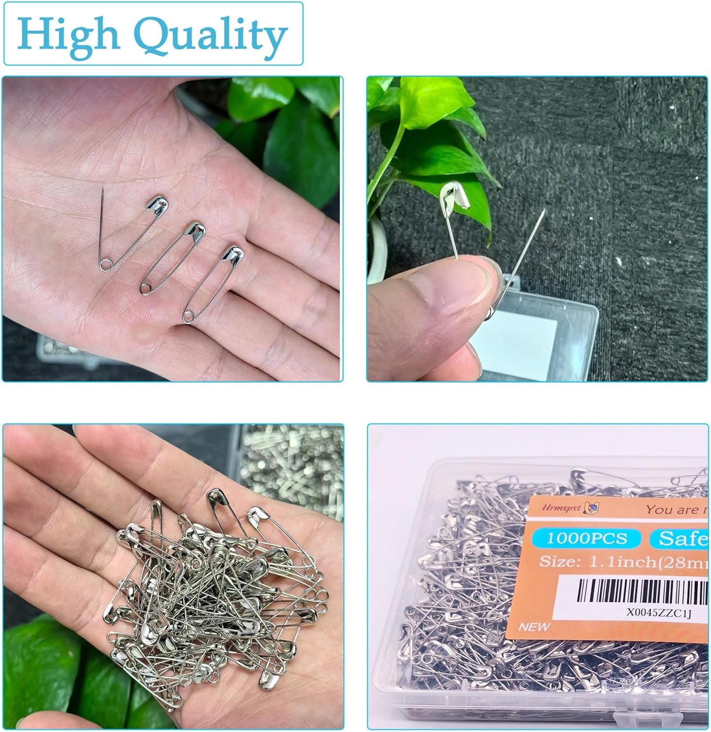 Safety Pins, 1000PCS-1.1Inch Small Safety Pins, Rust-Resistant Nickel Plated Steel, Sharp Edge Safety Pin for Clothes, Sewing, Arts & Craft, 28mm Decorative Safety Pins (Silver), UR-28