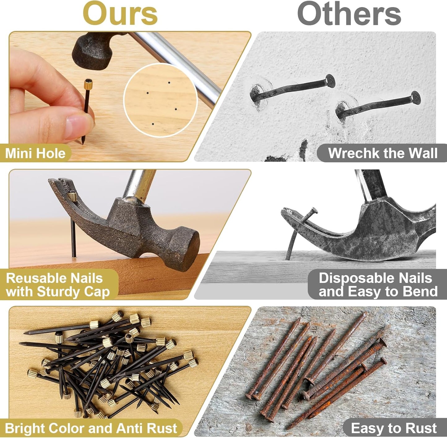 120PCS Nails for Hanging Pictures, 4 Sizes Picture Hanging Nails for Wall Decoration Hanging Frame Kit Mirror Hanging Hardware Tool Hangers for Claw Drywall Nails (Small Medium Large Nails)