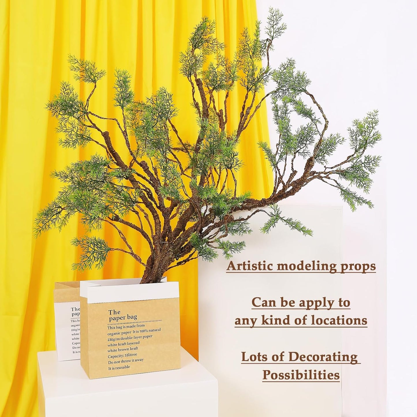 39.3in Bendable Artificial Pine Tree Bark Branches Trunk Fake Wood Root Twigs Plants Vines Garland With Green Leaf For Wall Hanging Reptile Outdoor Home Room Jungle Halloween X'mas Decoration