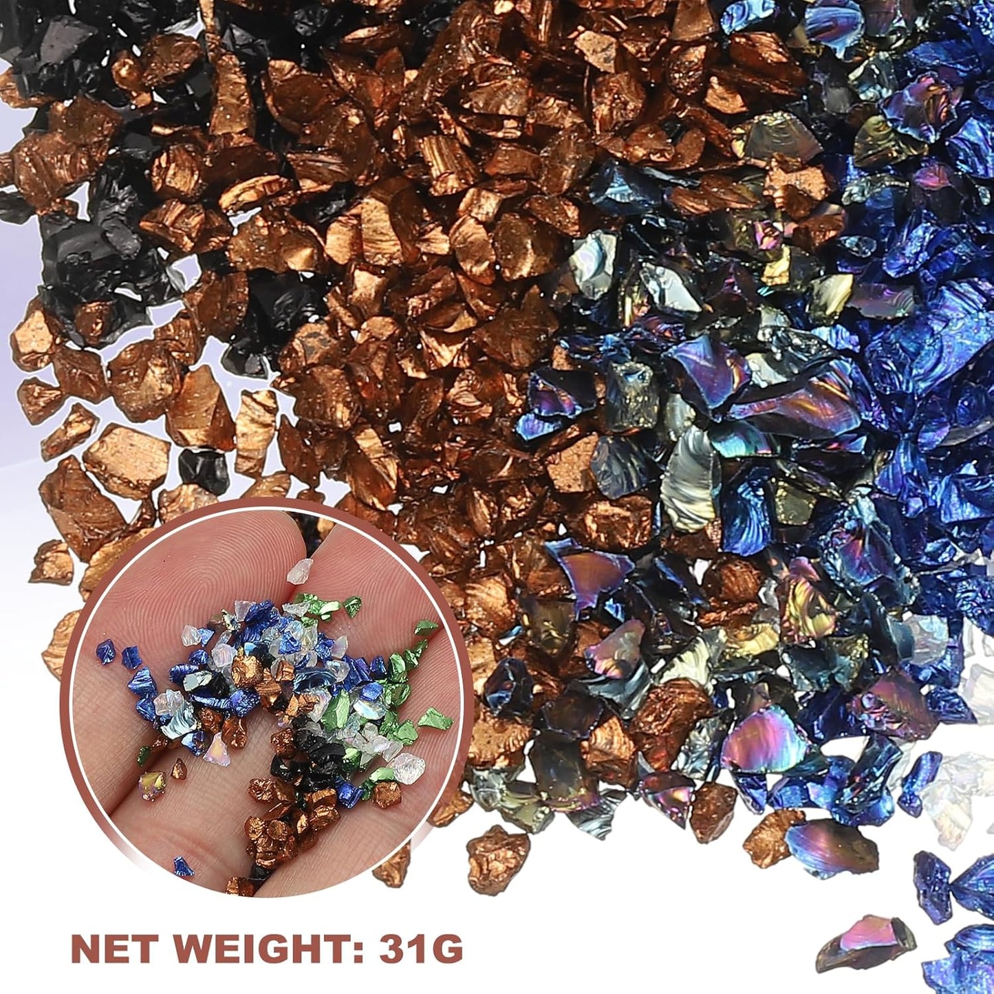 uxcell 6 Colors Crushed Glass Chips, 1-3mm Irregular Glitter Metallic Glass Broken Glasses Pieces with Laser Bag for Craft DIY Vase Epoxy Halloween Decoration 31g, Multicolored