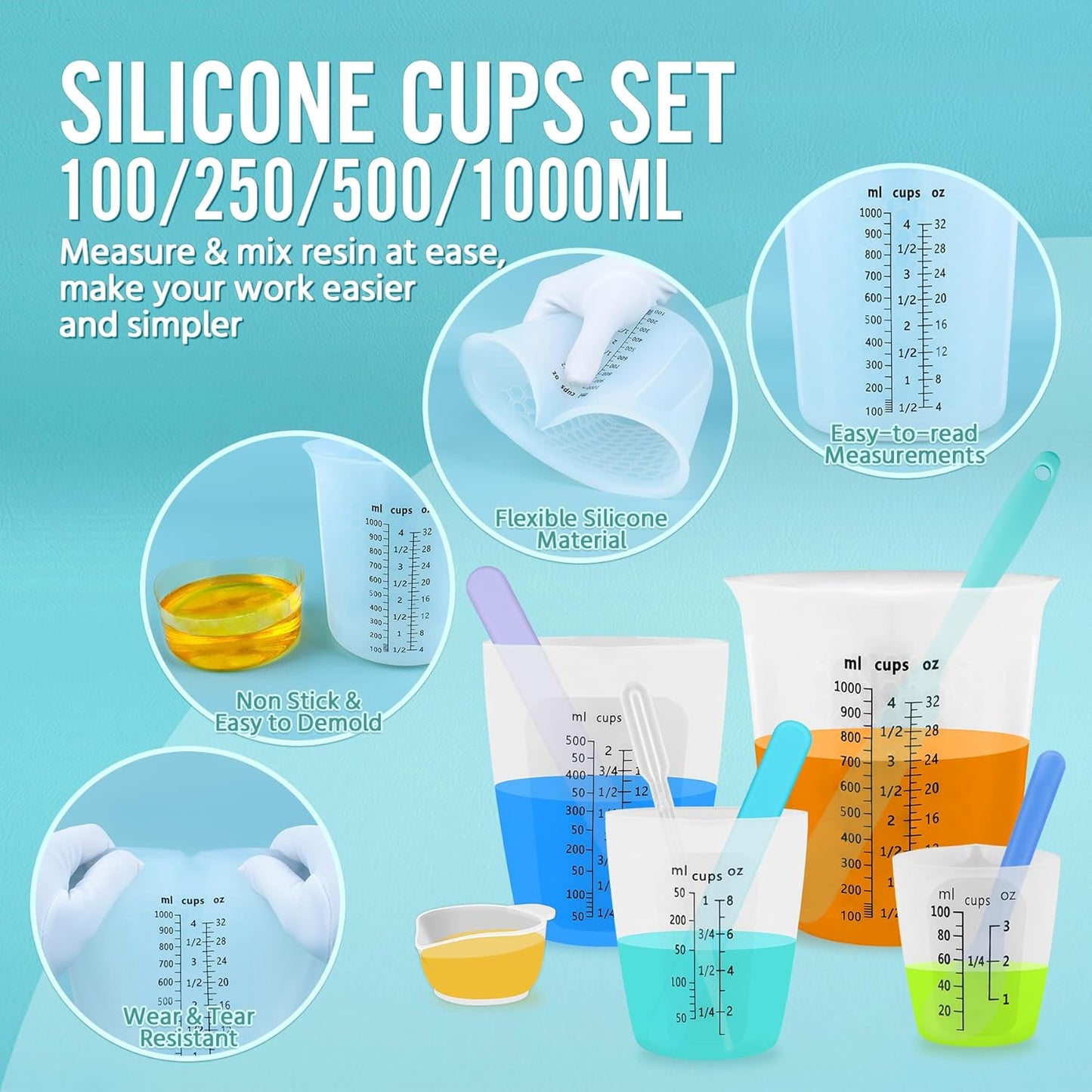 Silicone Resin Mixing 1L Measuring Cup Set for Resin Supplies, Easy-to-Read Marks, 1000ml/32oz Large Cup, 500&250&100ml Thickened Reusable Silicone Cups for Epoxy Mixing, Jewelry Making