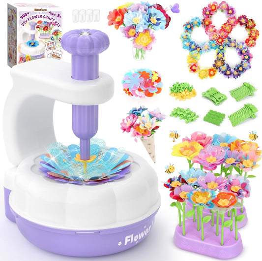 GirlsHome 300+PCS Fabric Flower Bouquets Toys, DIY Flower Crafts Kits for Kids, Arts and Crafts for Kids Ages 6-8 Girls, Build Flower Bouquet, STEM Educational Toy Preschool Gifts (White Purple)