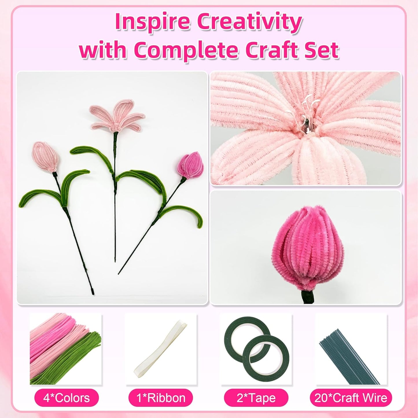 400pcs Multi-Colored Pipe Cleaners Craft Kit - Flower Making Supplies, DIY Arts and Crafts, Flexible Chenille Stems for Kids and Adults, Complete Pipe Cleaner Kit for Creative Projects