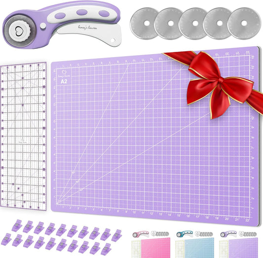 Rotary Cutter Set lavender - Quilting Kit incl. 45mm Rotary Cutter, 5 Replacement Blades, A2 Cutting Mat, Acrylic Ruler and Craft Clips - Ideal for Crafting, Sewing, Patchworking, Crochet & Knitting