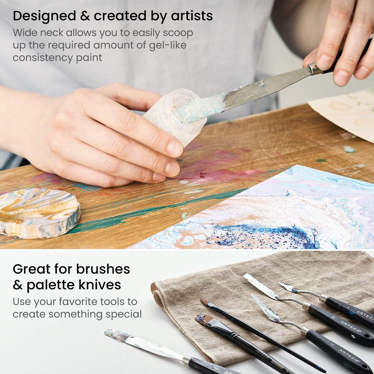 ARTEZA Glitter Acrylic Paint, 14 Iridescent Colors, 2 fl oz Bottles, Transparent Base, Iridescent Paint with Chunky Glitter, Art Supplies for Adding Accents to Canvas, Paper, Wood, and Glass