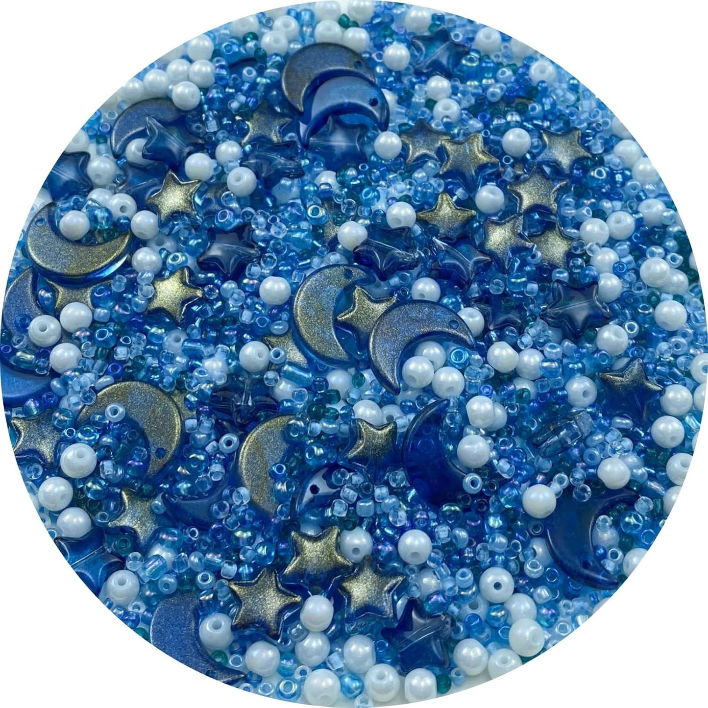 Assorted Glass Beads for Jewelry Making Multi Size Colors Glass Star Moon Seed Pearl Spacer Beads for Bracelets Necklace Earring Making(White Ink Blue)