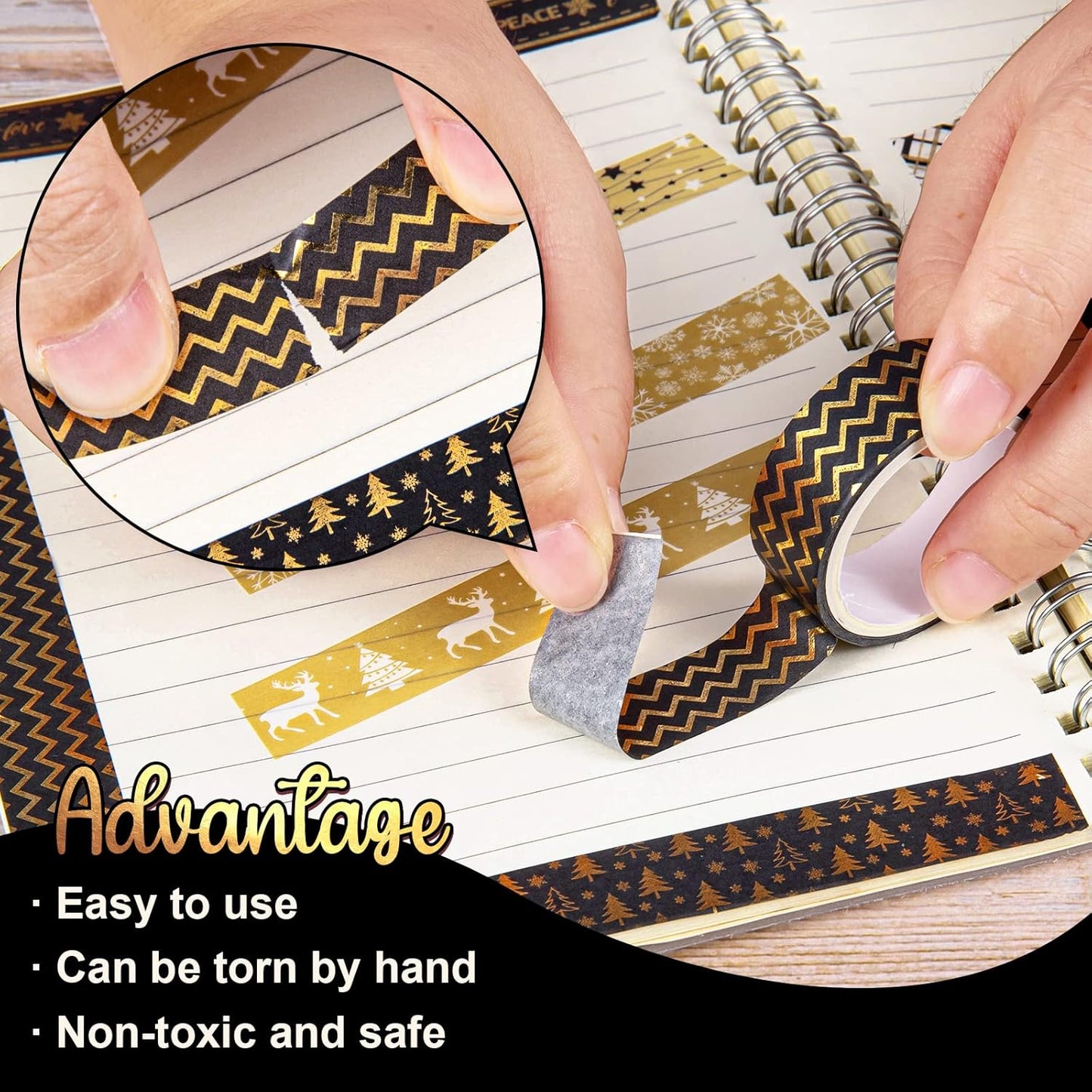 Whaline 12 Rolls Christmas Washi Tape Black Gold Xmas Washi Masking Tape Foil Gold Snowflake Xmas Tree Xmas Tree Ball Plaid Pattern Decorative Tape for Scrapbook Journal DIY Craft Gift Wrapping