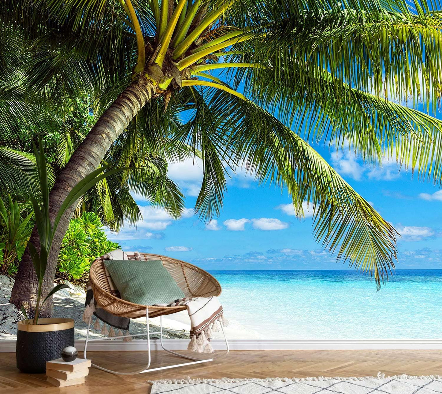 AFZEVEB-Beach Wall Mural Tropical Palm Tree Landscape Wallpaper for Bedroom 114"x74"(Not Peel and Stick)