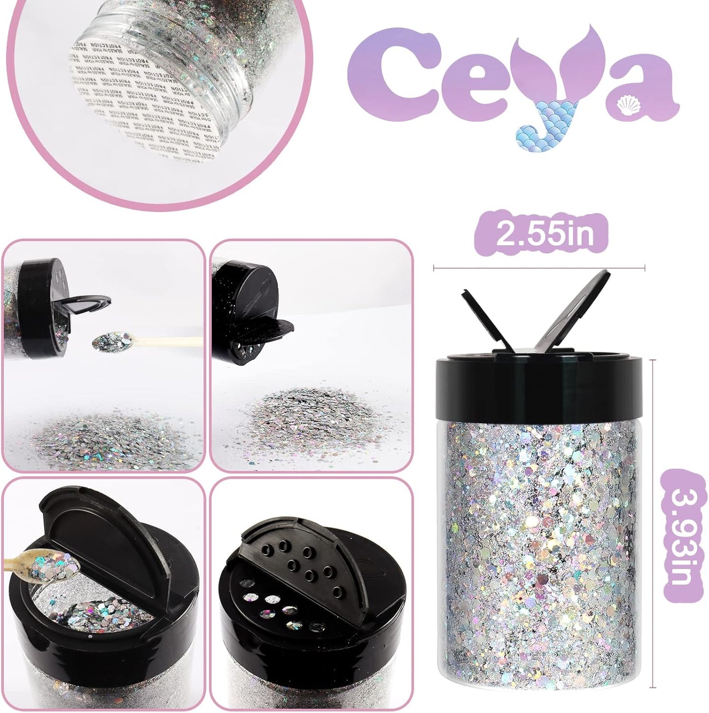 Ceya Holographic Chunky Glitter, 4.9oz/ 140g Silver Craft Glitter Powder Mixed Chunky Fine Flakes Iridescent Nail Sequins for Nail Art, Hair, Epoxy Resin, Tumblers, Slime, Painting, Festival Decor