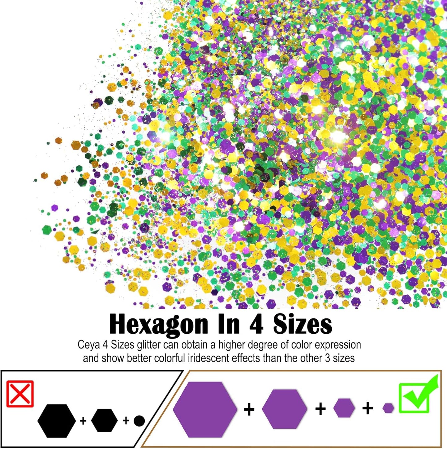 Ceya Chunky Glitter, 4.9oz/ 140g Mardi gras Craft Glitter Powder Mixed Fine Flakes Iridescent Nail Sequins for Halloween Pumpkin, Nail Art, Hair, Epoxy Resin, Tumblers, Slime, Painting, Festival Decor