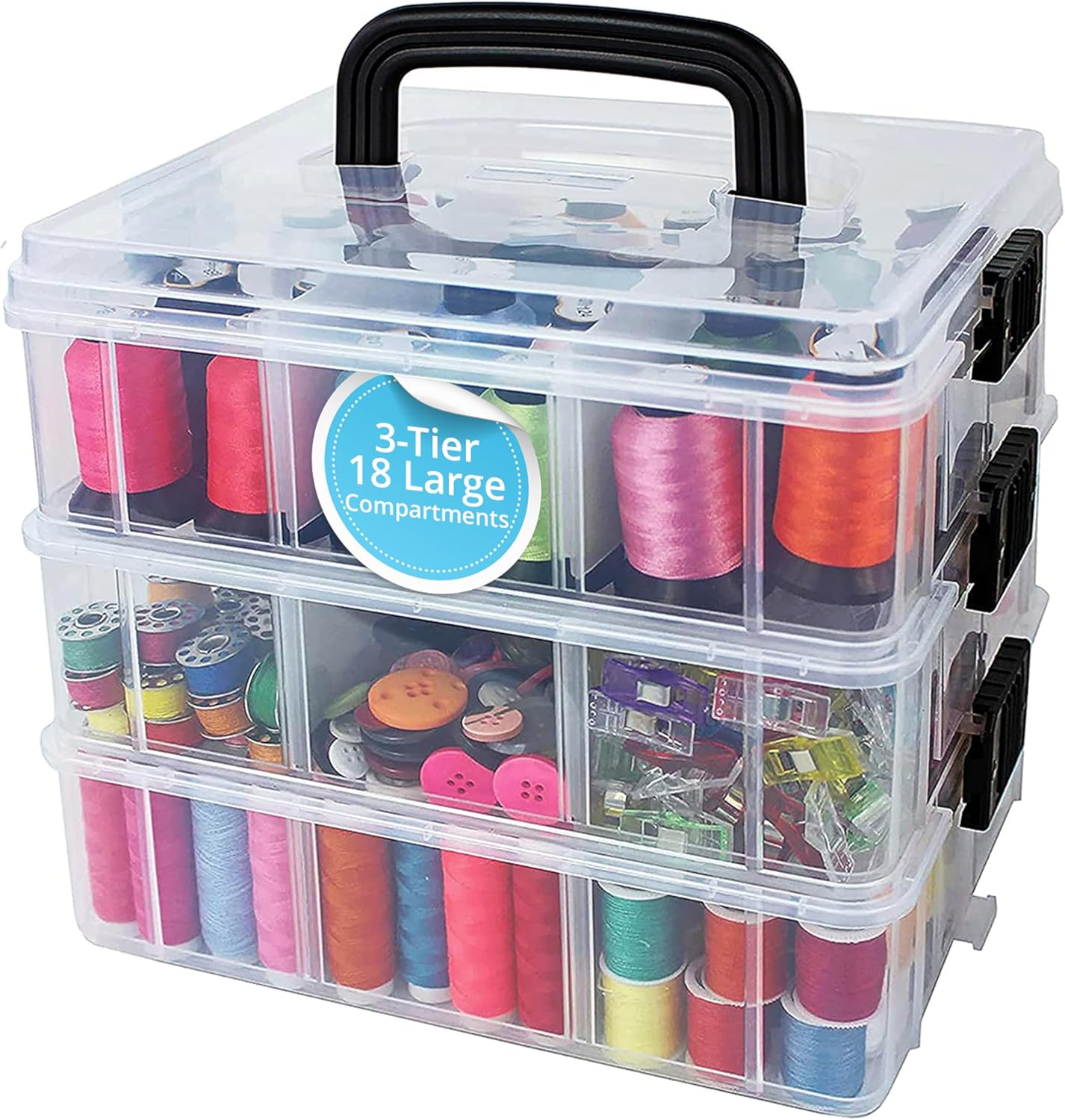 Bins & Things Clear 3-Tier Stackable Storage Containers with Lids - 18 Adjustable Compartments for Bead - Organizing Drawers for Jewelry, Kids Toys, Makeup