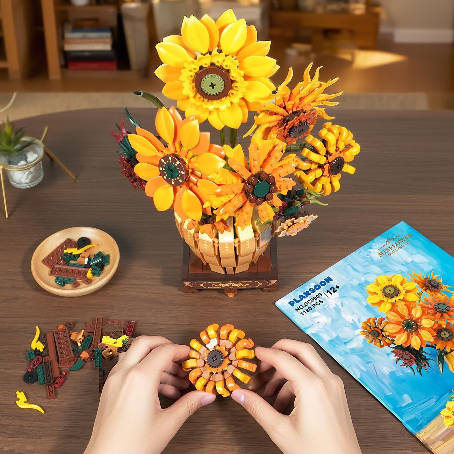 Sunflower Building Set with Lights Vase Base, Flowers Botanical Collection Building Block Home Decor, 1180PCS Art Flower Bouquet Bonsai Plant Building Kit Gift for Adults Teens Girls Boys 12+