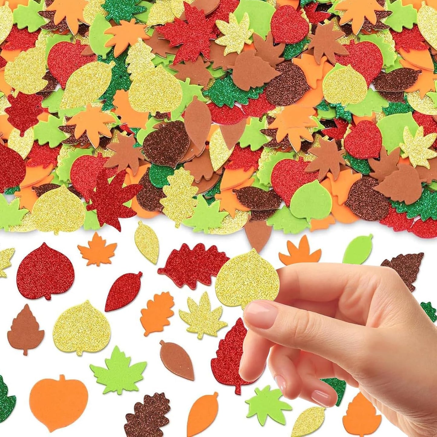 300Pcs Fall Foam Leaf Stickers, Autumn Glitter Maple Leaves Self Adhesive Foam Stickers Thanksgiving Party Favors DIY Crafts Decorations