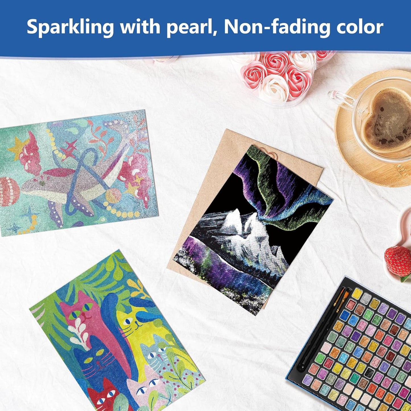 Mini Glitter Watercolor Paint Set with Paper, 108 Colors Shimmer Metallic Watercolour Painting Sets, Solid Pearl Water Color Paints for Adult, Kids, 1ml Trial Package(1ml 108 Colors)