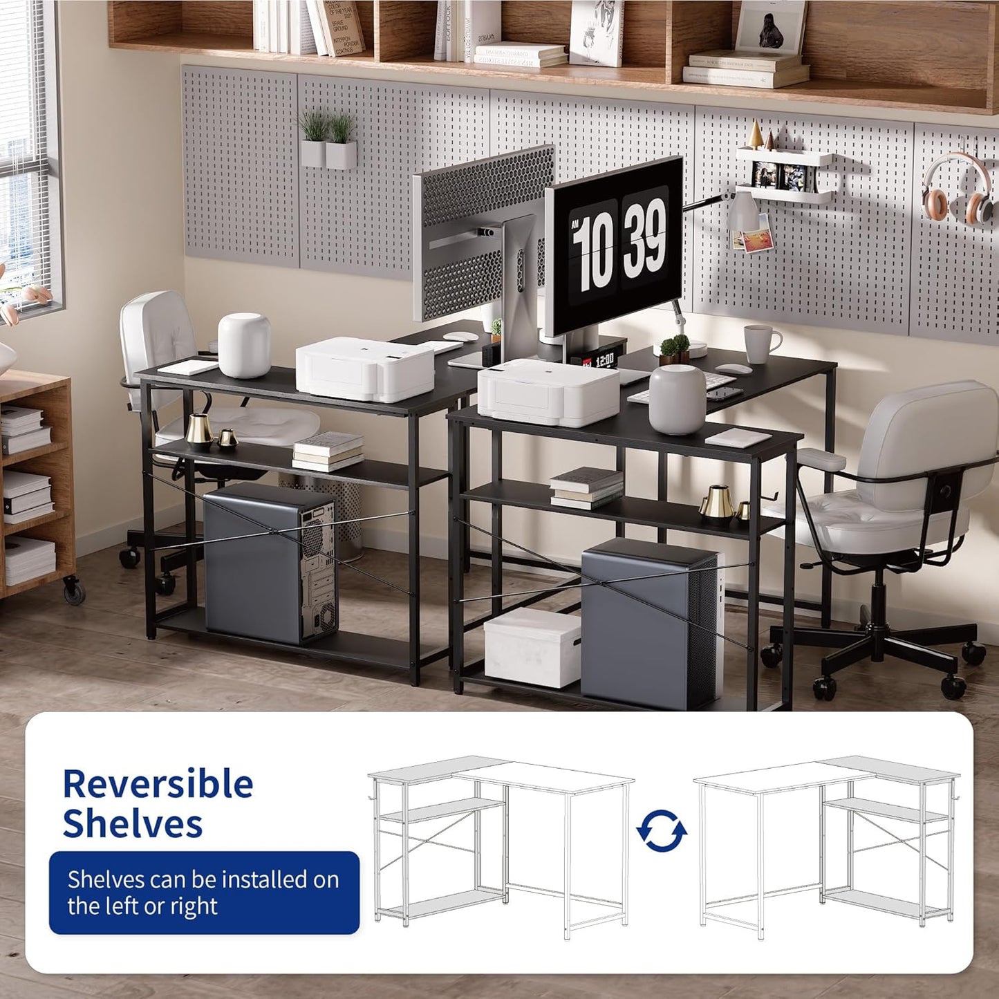 Pamray 43 Inch L Shaped Computer Desk with Reversible Side Storage Shelves, Small Corner Desk for Small Space Home Office,Writing Study Table PC Desk for Bedroom,Vintage