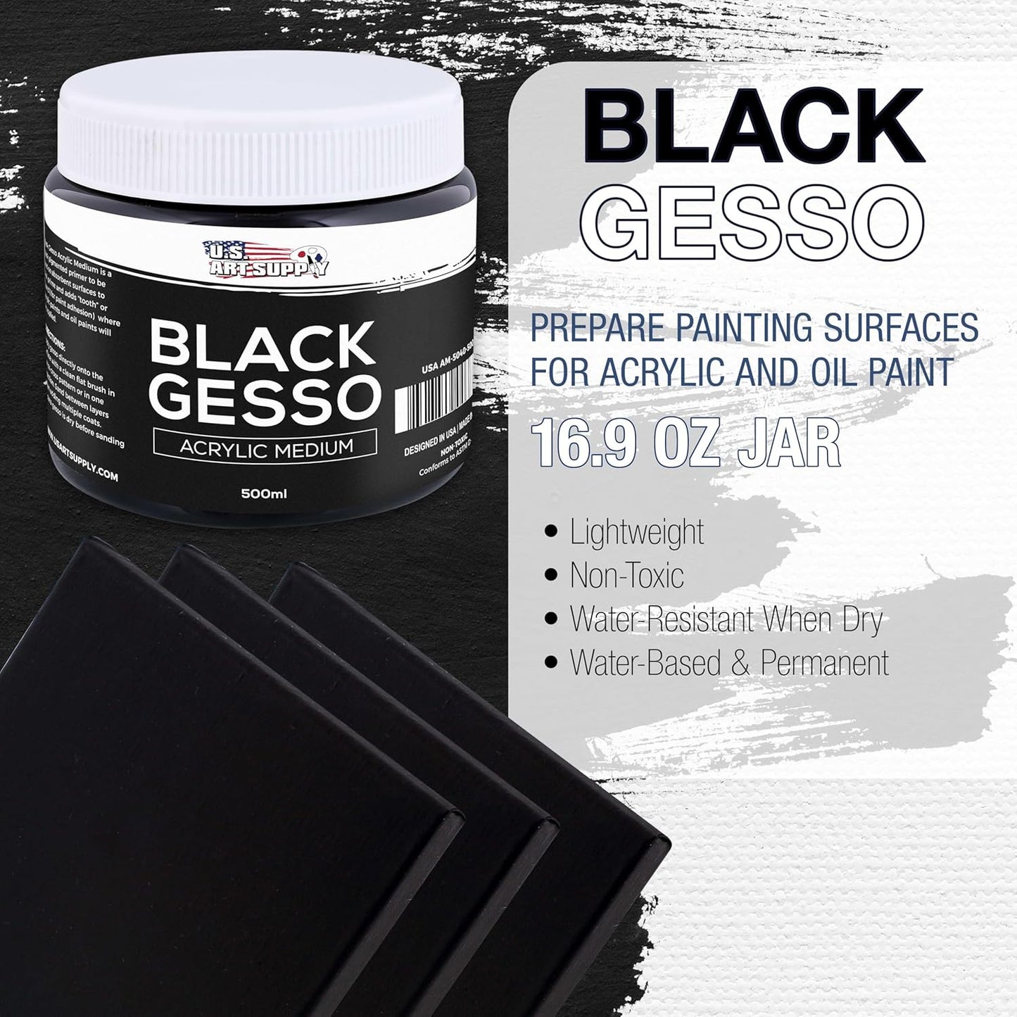 U.S. Art Supply Black Gesso Primer - 16.9oz (500ml) for Oil & Acrylic Paint - Superior Coverage, Canvas Prep, Mixable White Gesso Paint Artists