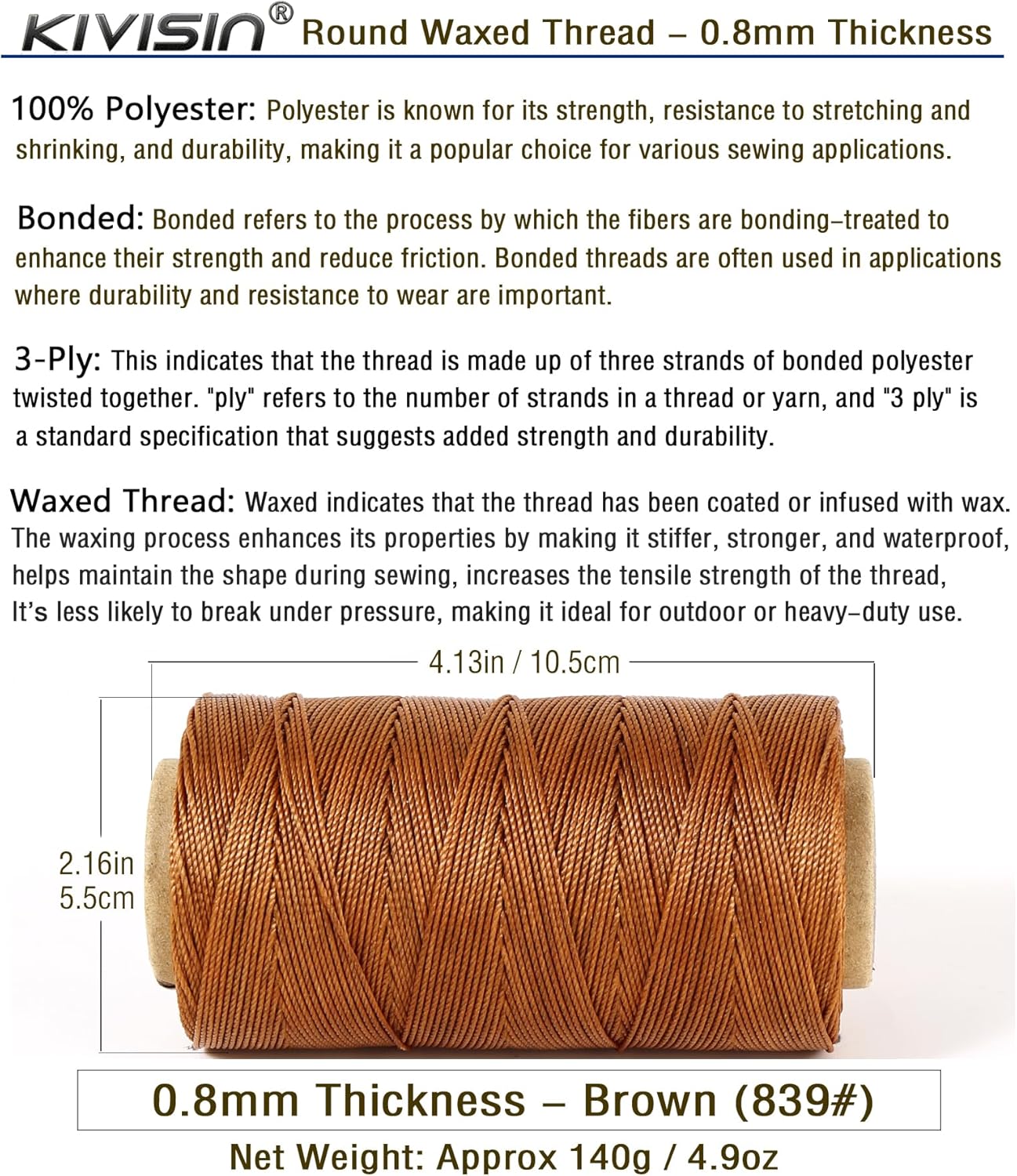 Bonded 0.8mm Round Waxed Polyester Cord, 3-ply Wax Coated Thread, 197 Yards Stiff String for Heavy Duty Fabric, Leather Sewing, Book Binding, Upholstery Repair, and Macrame Jewelry - Brown