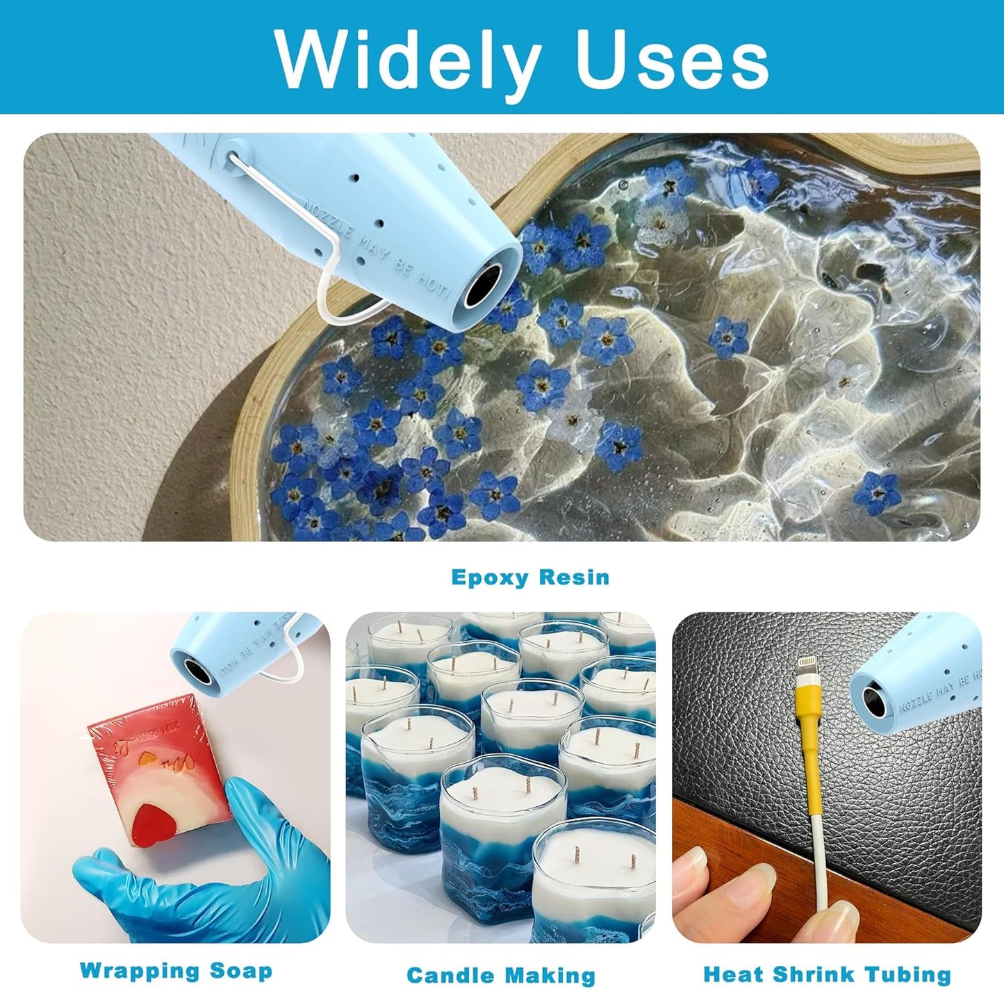 Heat Gun for Crafting, Mini Hot Air Gun Tool for Epoxy Resin, Shrunk Wrapping, Embossing, Electronics, Vinyl Wrap, Candle Making, Phone Repair & DIY - Blue