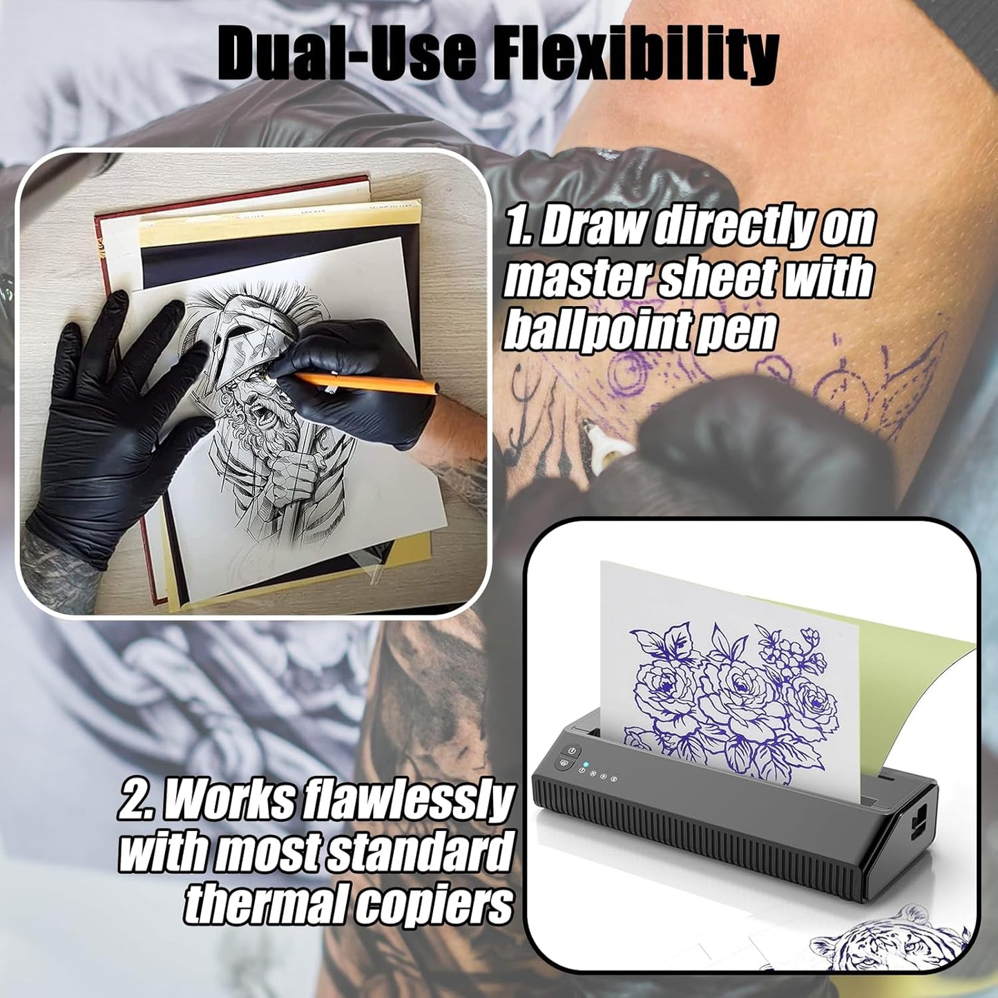 100 Sheets Tattoo Transfer Paper A4 Size Professional Thermal Stencil Paper for Artists, Dual Use with Copier or Hand Drawing, Cut-to-Fit Design