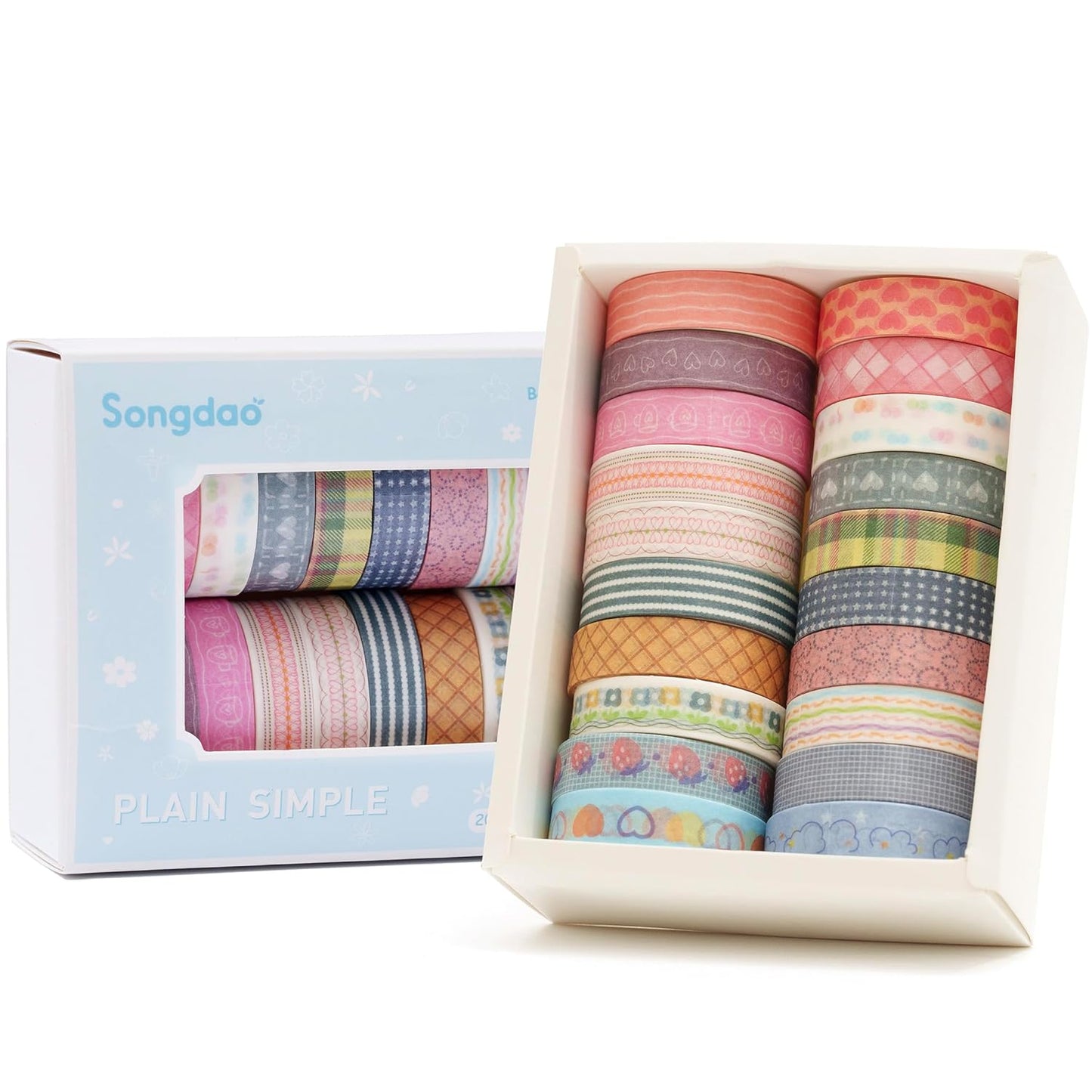 20 Rolls Basic Washi Tape Set Japanese Arts Adhesive Tapes Simple Patterns Decorative Masking Tape Sets for Craft, Kids, Scrapbook, DIY, Gift Wrapping (Style Three)