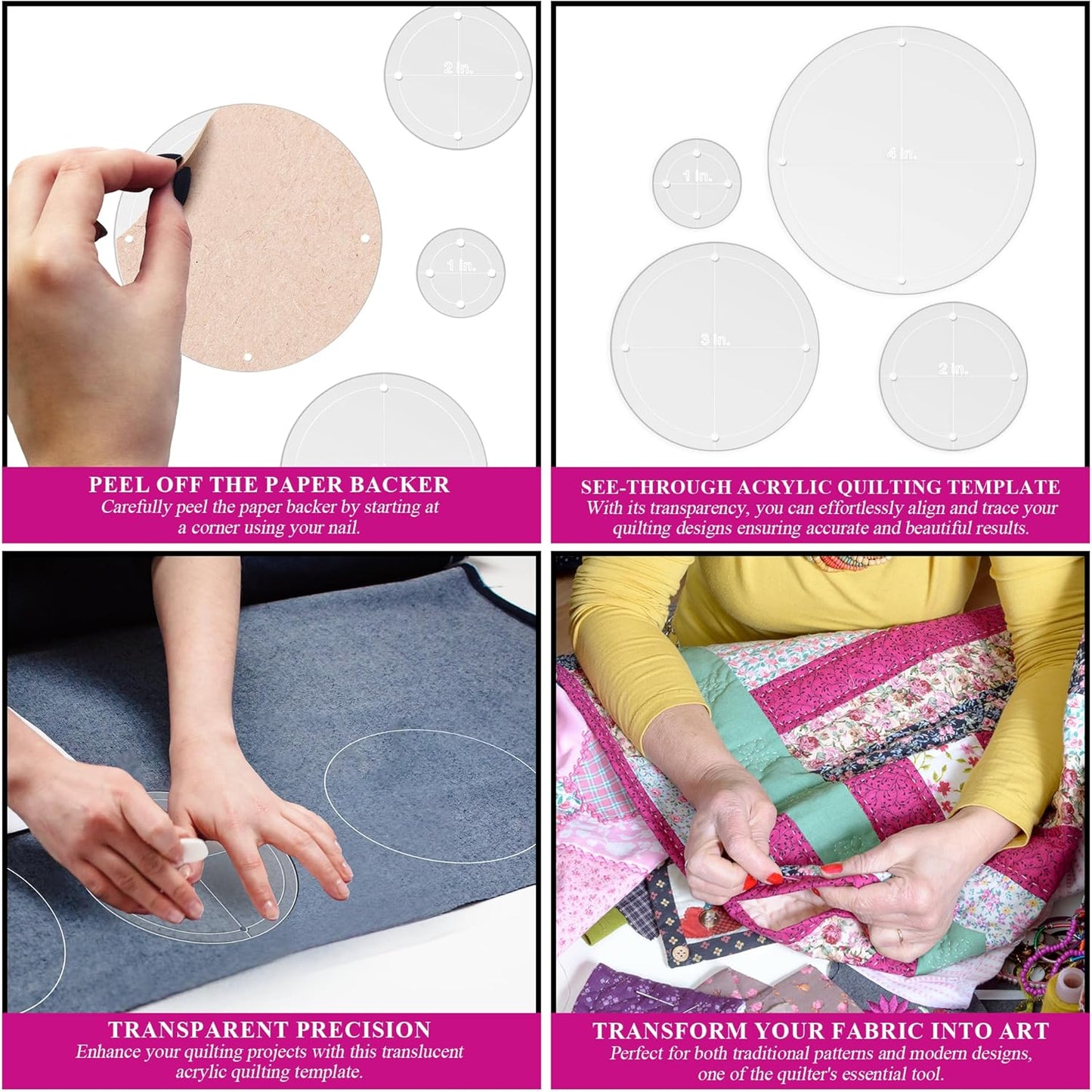Quilting Acrylic Template Set | Precision Tools for Quilting Enthusiasts | Circle Design | Includes Sizes 4", 3", 2", 1" | 1/8 Clear Acrylic | 1/4" Seam Allowance for Accuracy