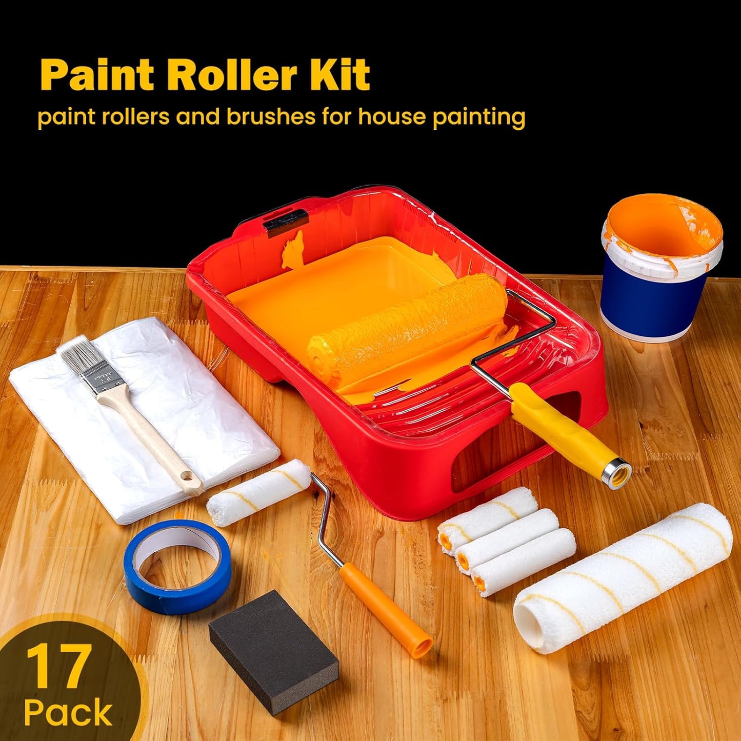 Mister Rui 17-Piece Paint Roller Kit with Non-Slip Tray, Microfiber Roller Covers, Brushes for DIY & Professional Painting Projects, Complete Set for Home Improvement