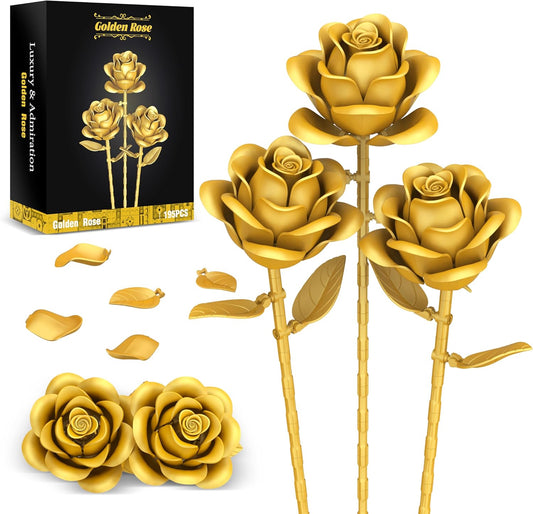 Gold Roses Flower Building Set - 3 Roses Bouquet Botanical Building Blocks for Adult, Home Decor Romantic Anniversary Valentine's Day Gift for Her, Wife, Girlfriend, Mom
