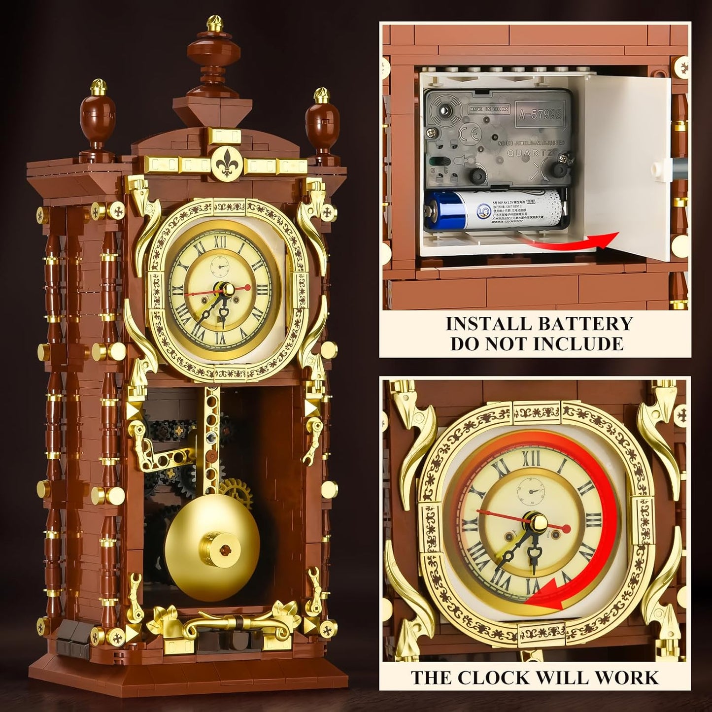 Retro Clock Building Set for Adults,Vintage Pendulum Clock Model with Rotating Gears,Home Decor Mechanical Building Blocks Toys, Gift for Boys and Girls 8+ (751 Pieces)