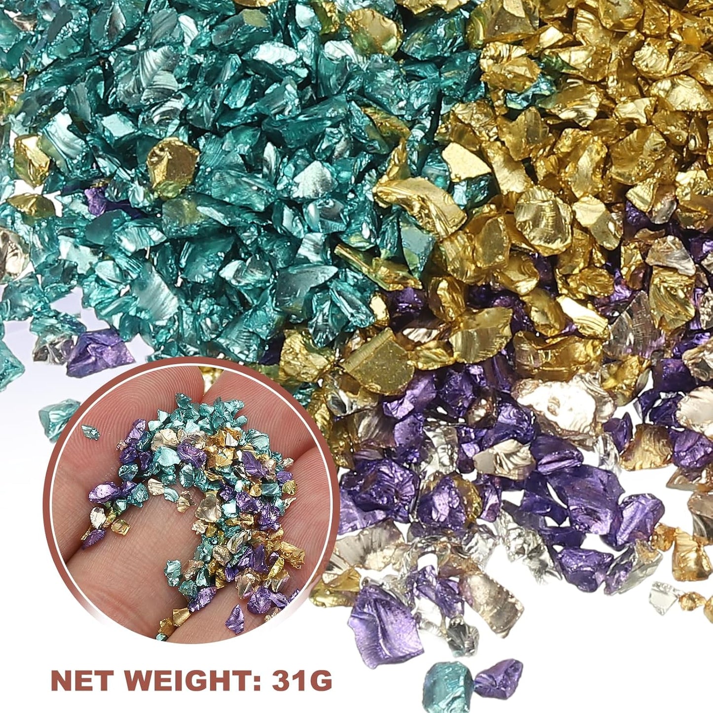 uxcell 6 Colors Crushed Glass Chips, 1-3mm Irregular Glitter Metallic Glass Broken Glasses Pieces with Laser Bag for Craft DIY Vase Epoxy Halloween Decoration 31g, Solid Colors