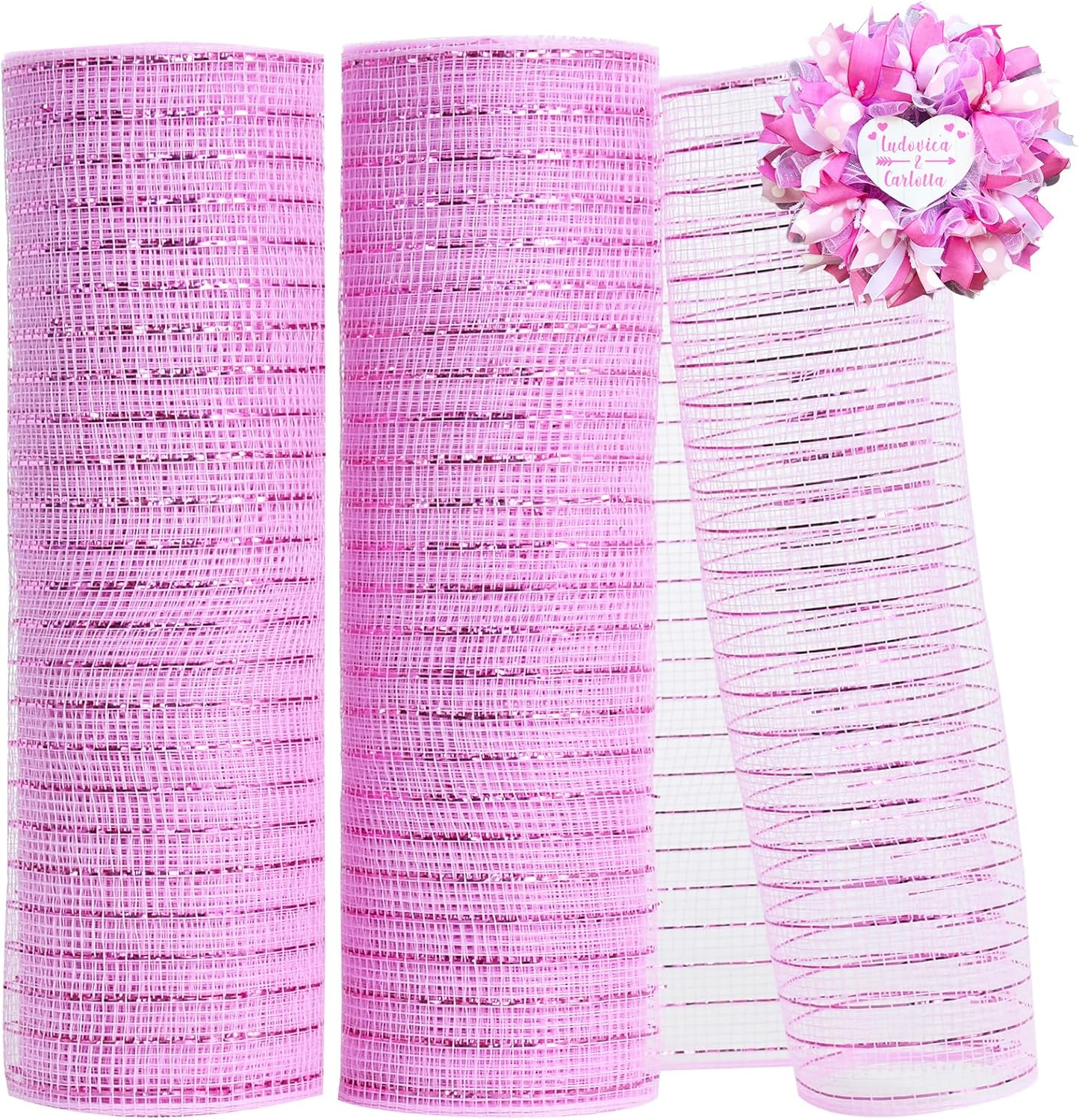 TONIFUL 2 Rolls 10 Inch Pink Decorative Mesh Ribbbon Rolls, Fabric Mesh with Foil for Wreath Supplies, Front Door Wreath Crafts Tree Decor Christmas NewYears Halloween Decoration (10 yds/roll)