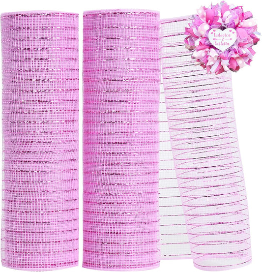 TONIFUL 2 Rolls 10 Inch Pink Decorative Mesh Ribbbon Rolls, Fabric Mesh with Foil for Wreath Supplies, Front Door Wreath Crafts Tree Decor Christmas NewYears Halloween Decoration (10 yds/roll)