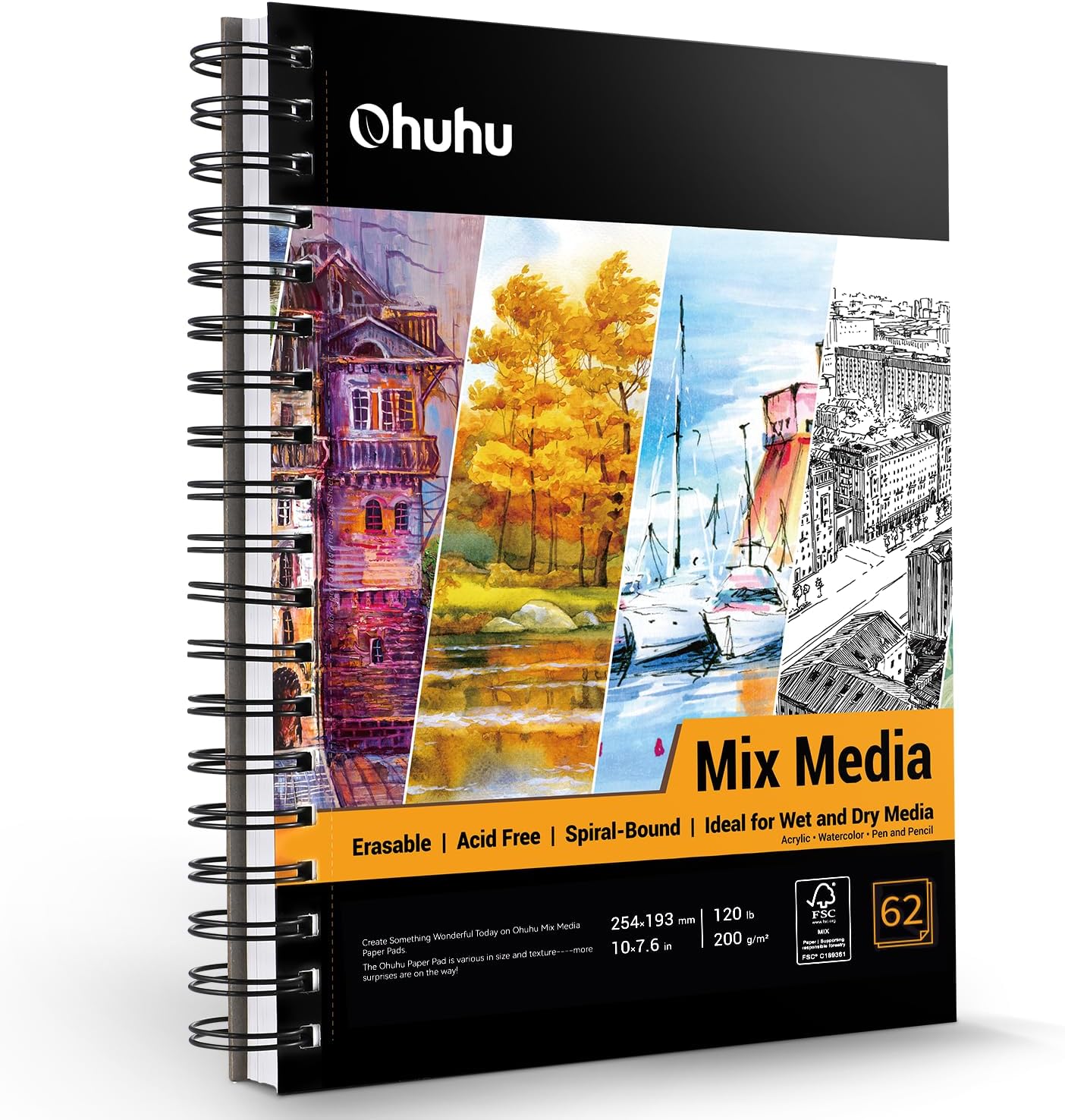 Ohuhu Mix Media Pad, 10"x7.6" Mixed Media Art Sketchbook, 120 lb/200 gsm Heavyweight Papers, 62 Sheets/124 Pages, Spiral Bound Mixed Media Paper Pad for Acrylic, Painting Christmas Gift