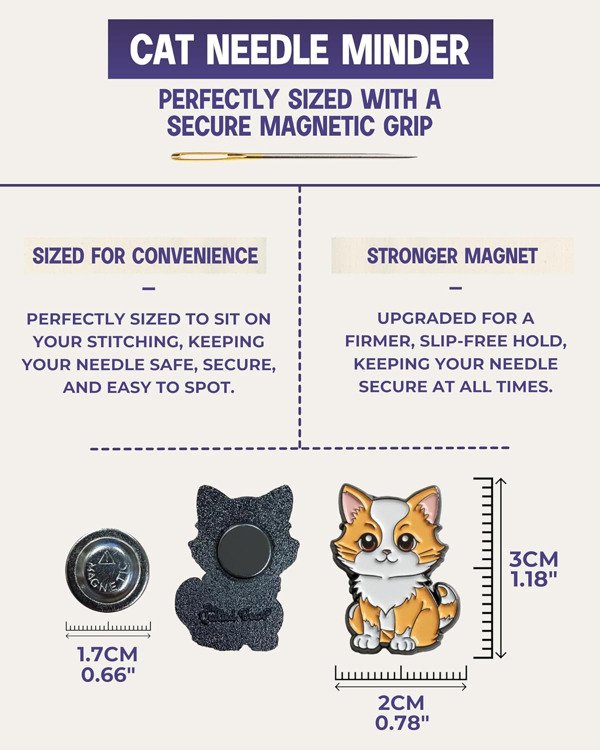 The Quilted Bear Needle Minder - Needle Minder Magnet for Keeping Sewing & Embroidery Needles, Cross Stitch Needles Safe - Stress Free Stitching Cross Stitch Supplies & Embroidery Supplies (Cat)