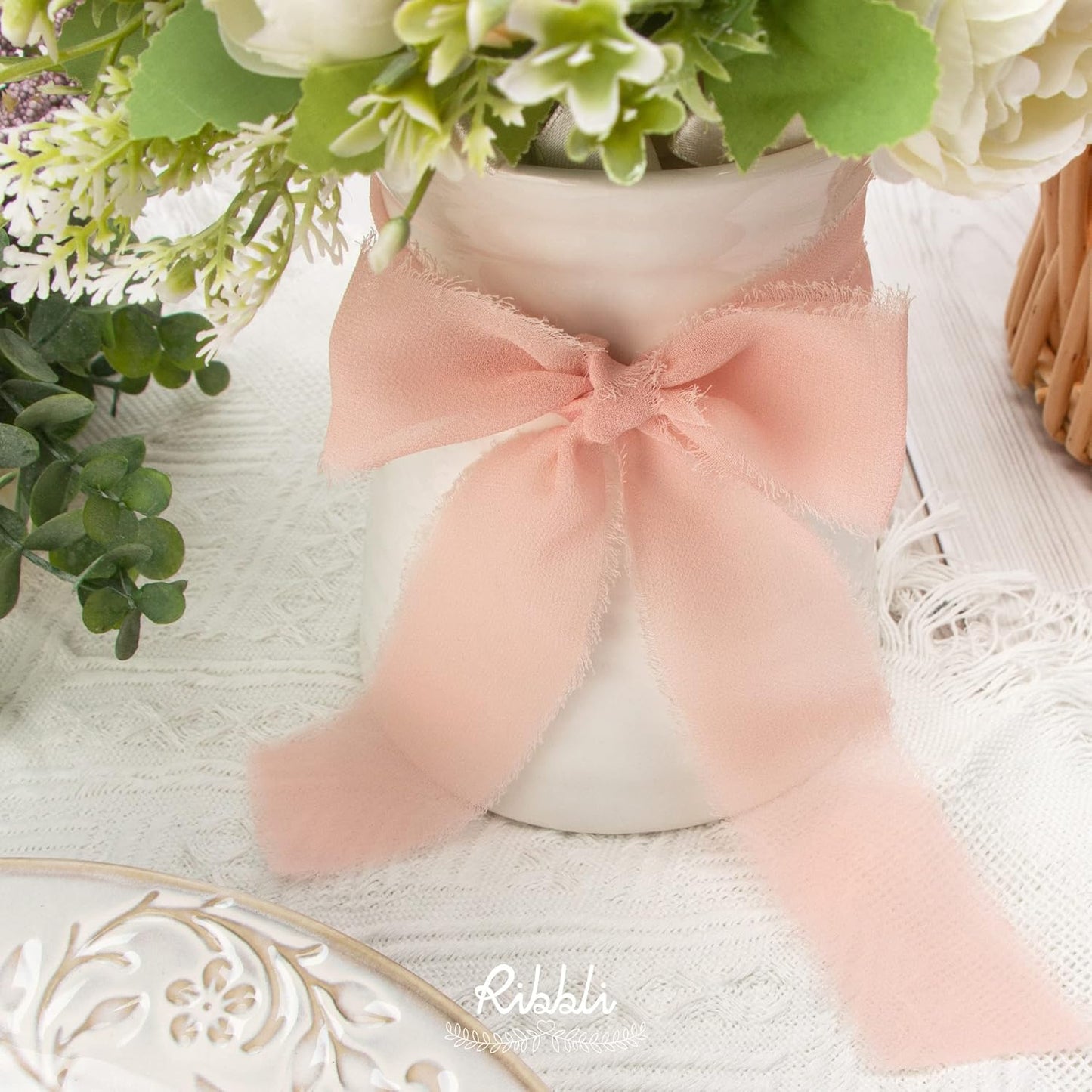 Ribbli Blush Pink Chiffon Ribbon - 1-1/2 inch x 30 Yard Handmade Fringe, Perfect for Wedding Invitations, Bridal Bouquets & Flower Arrangements