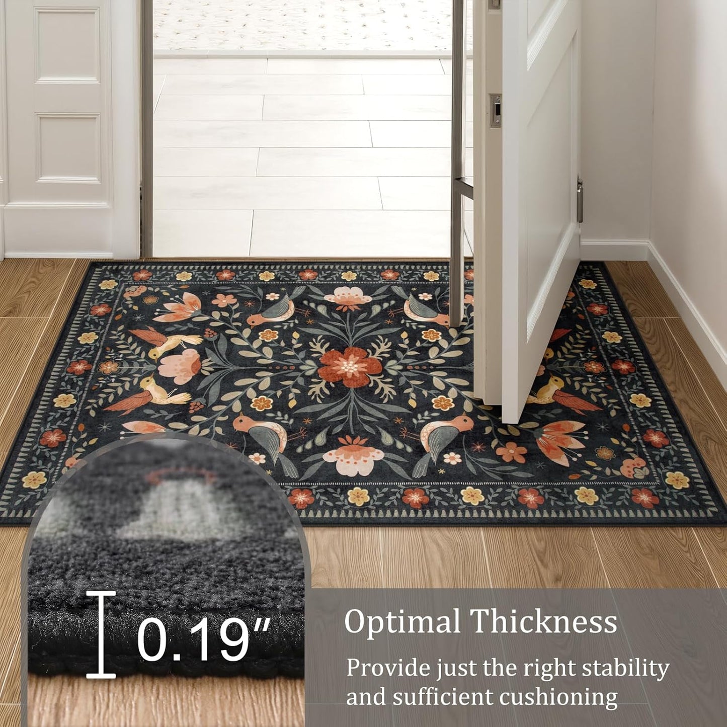 Morebes Washable Black Floral Rug 5x7, Flower Birds Area Rugs for Living Room Non Slip, Soft Low-Pile Indoor Floor Insect Print Throw Carpet for Bedroom Dining Playroom Home Office, Black/Multi