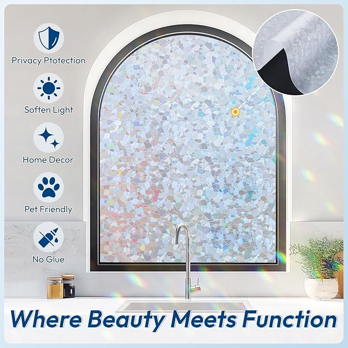 rabbitgoo Rainbow Window Privacy Film Decorative Stained Glass Diamond Pattern Window Sticker with Iridescent Tint Non-Adhesive Static Cling for Home Office Crystal Pattern, 17.5 x 118.1 inch