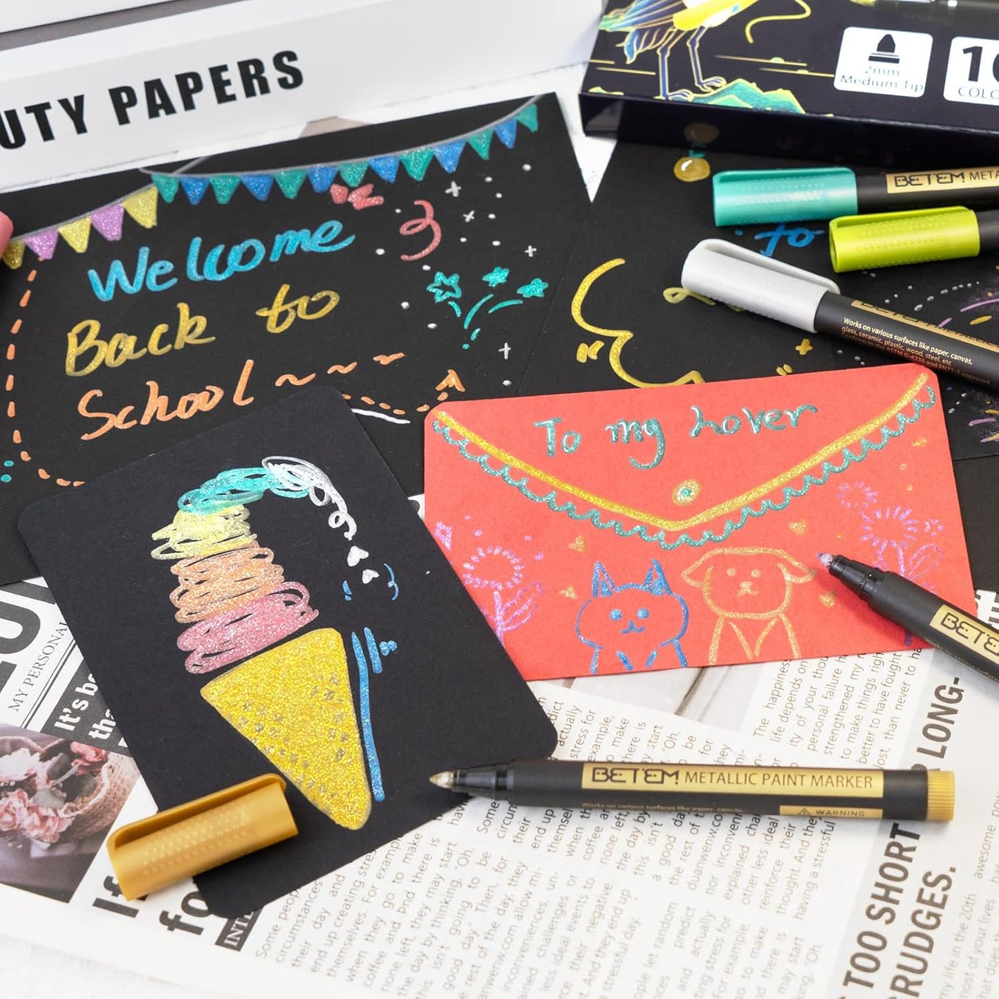 Betem Metallic Paint Markers, 10 Colors Acrylic Paint Metallic Markers for Black Paper, 2mm Medium Tips Glitter Pens Scrapbooking Supplies, Pumpkin Painting Kit for Rock Painting, Cards, Photo Albums