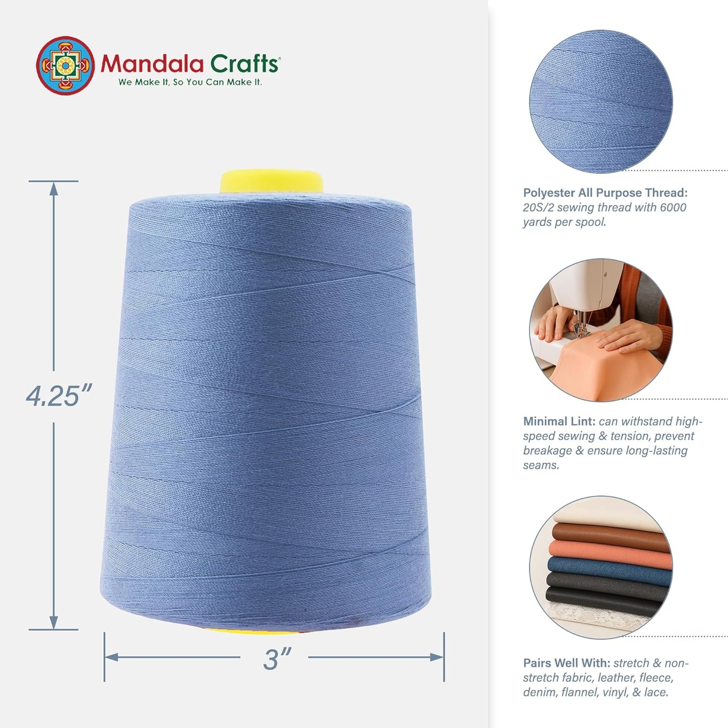 Mandala Crafts 4 Pack of Serger Threads Cones Spools - 20S/2 24000 Yards Polyester Steel Blue Threads for Sergers Machine and Overlock Quilting Sewing Machine