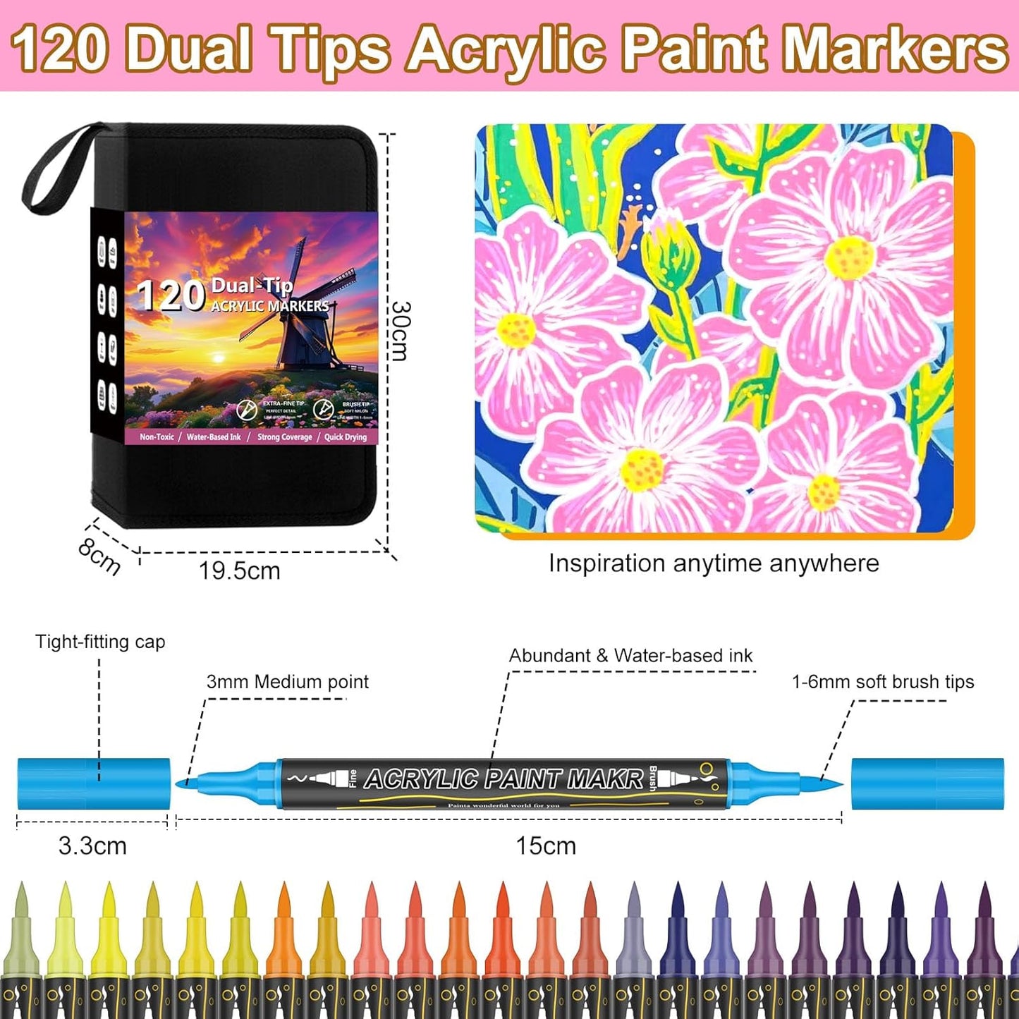 120 Colors Dual Tip Acrylic Paint Markers，Waterproof, Non-Toxic, Odorless Acrylic Markers Pens，Paint Pens & Paint Markers for Rock, Wood, Glass, Stone, Canvas, Ceramic, Fabric and Paper Painting