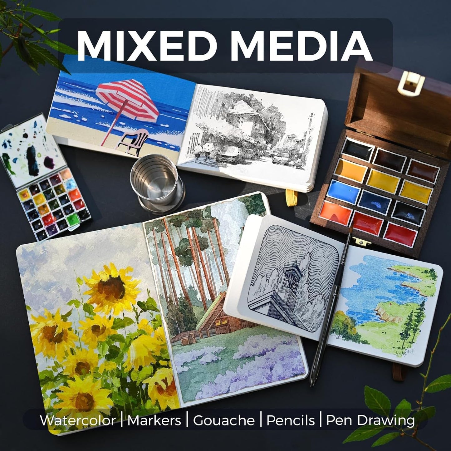 Funto Watercolor Journal, 7.5x5, 2 Packs, 44 Pages Each, Cold-Pressed 100% Cotton,PU Leather Green Cover, Art Supplies for Mixed Media