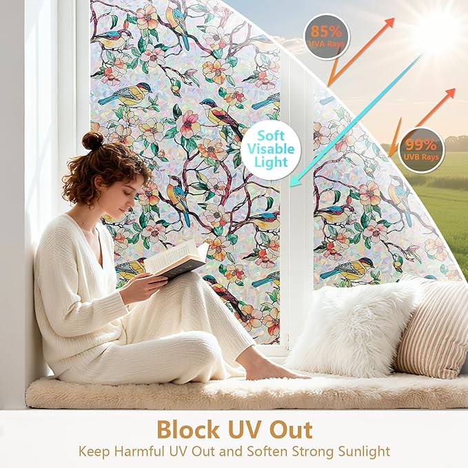 Kromapolis Window Privacy Film, Stained Glass Sticker Floral Window Clings, Decorative Static Clings UV Blocking Colorful Decals, Removable Vinyl Covering Rainbow Camellia, 23.6'' x 157.4''