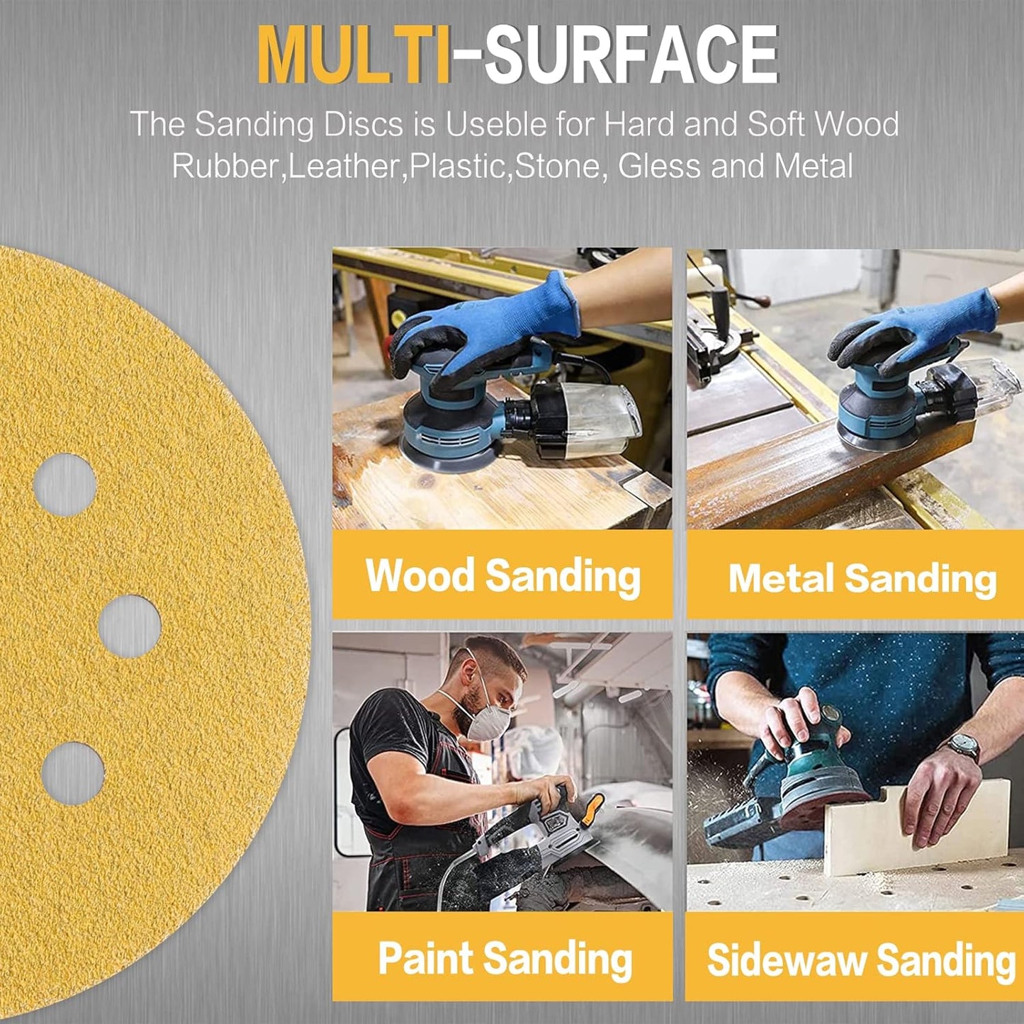 100PCS 5 Inch 8 Hole Sanding Discs 100 Grit,Gold Round Hook and Loop Sandpaper for Random Orbital Sander