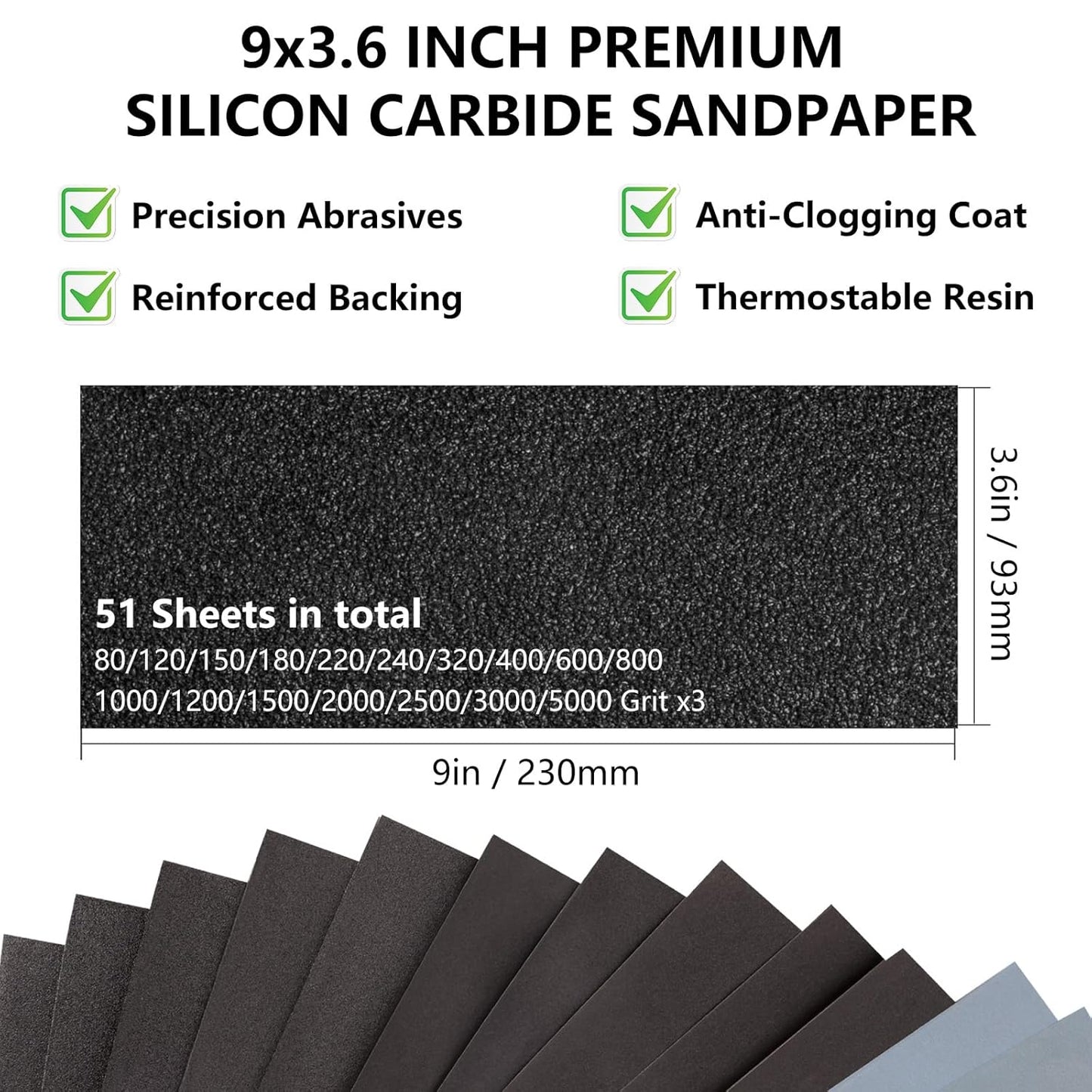 Sandpaper Assortment 80-5000 Grit, 51 Sheets, 9 x 3.6 Inch Wet Dry Sand Paper, Hand Sanding Sheets for Wood Metal Automotive Sanding and Polishing