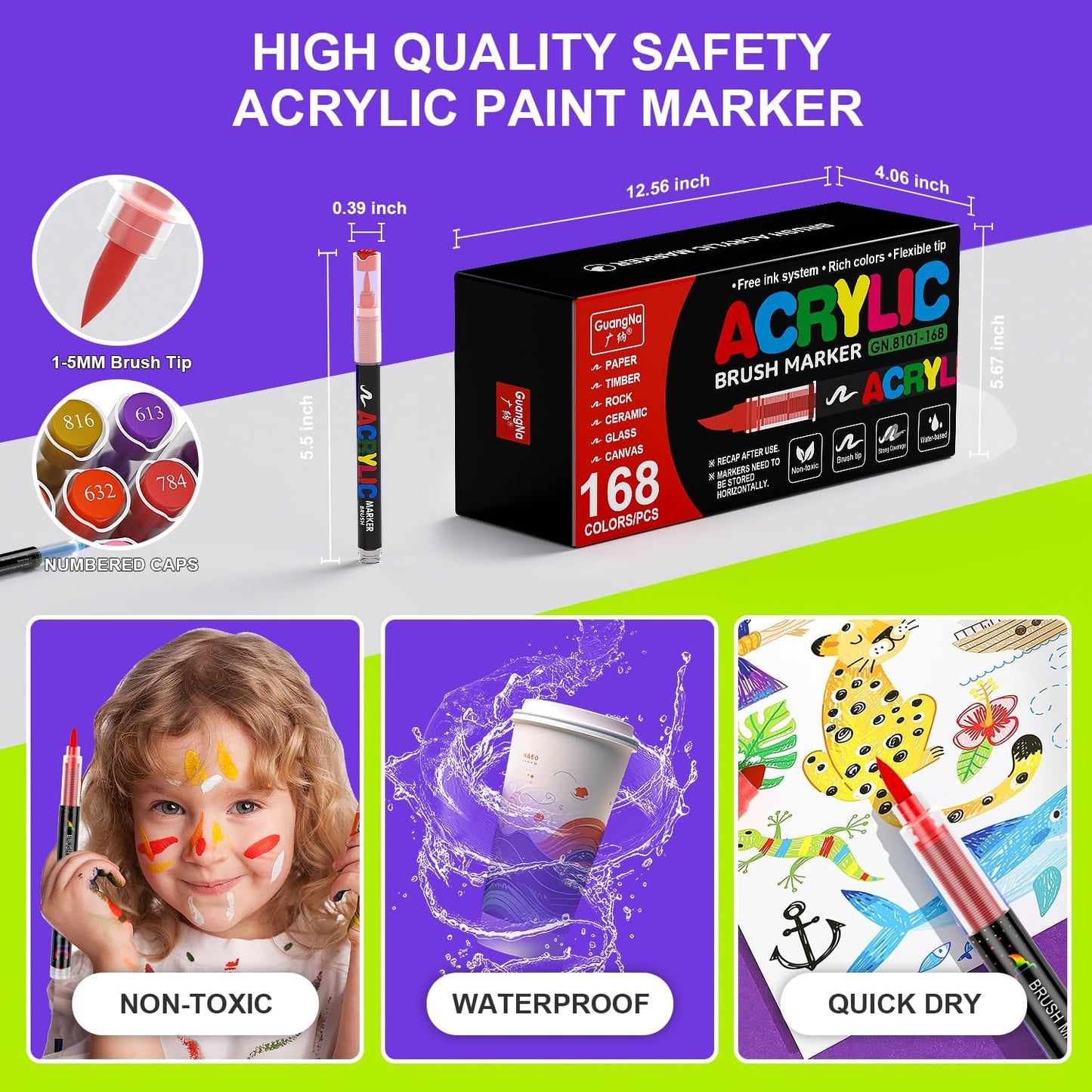 DICEKOO 168 Colors Acrylic Paint Markers, Soft Brush Tip Pens with Automatic Ink Control System, Waterproof, Quick-Drying, Lightfast, for Rock Painting, Canvas, Wood, Egg & DIY Crafts Art Supplies