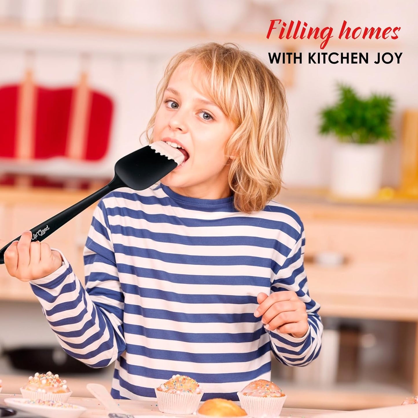 Silicone Spoon Spatula - 600ºF Heat-Resistant Non-Stick Rubber Spoonula | Use as Silicone Kitchen Scraper Utensil - Baking and Cooking Strong Stainless Steel Core | UpGood Kitchen Utensils, (Black)