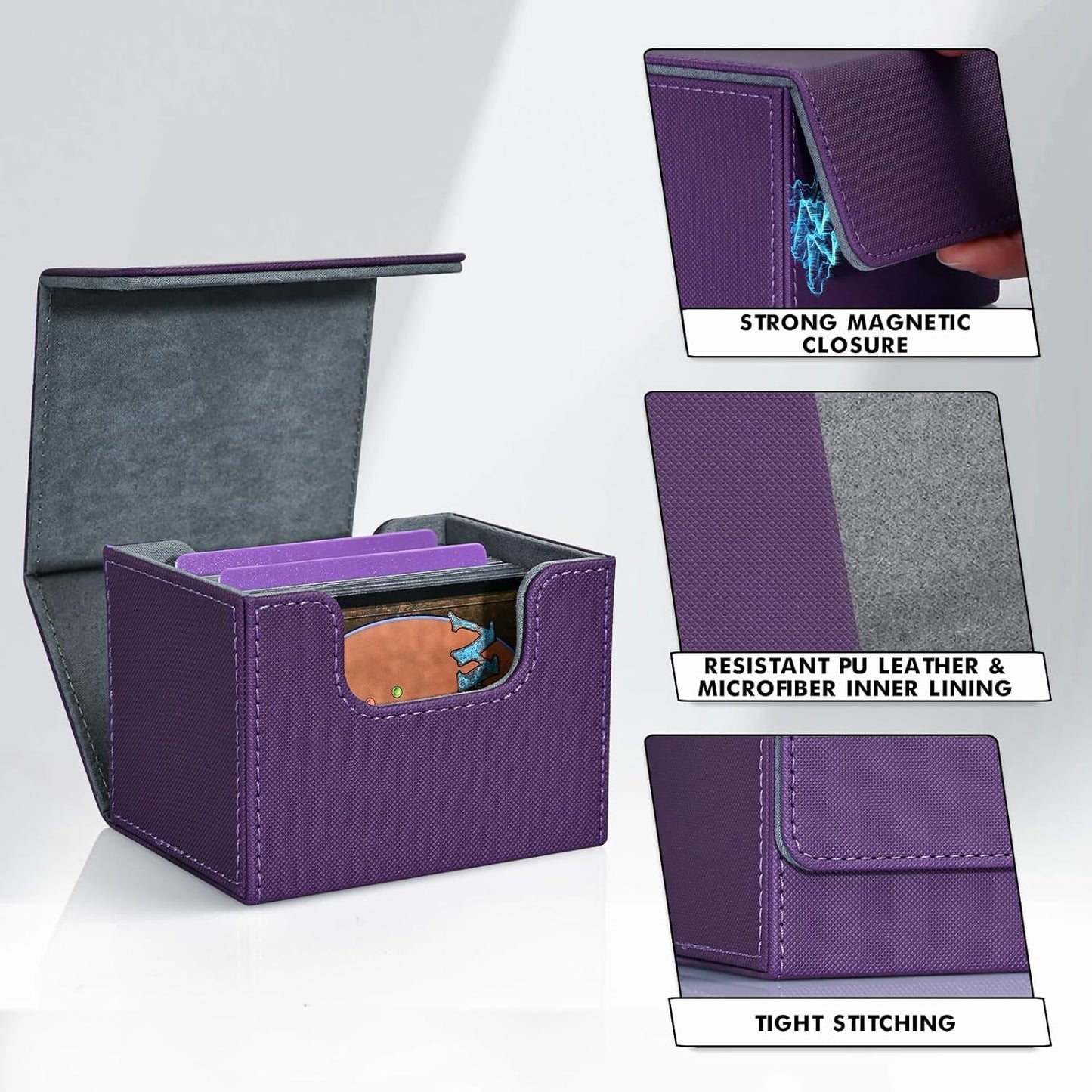 ZLCA Card Deck Box for Trading Cards, MTG Commander Deck Box Holds 120+ Single Sleeved, Leather Magnetic Card Storage Case Fits for TCG CCG Magic (Purple)
