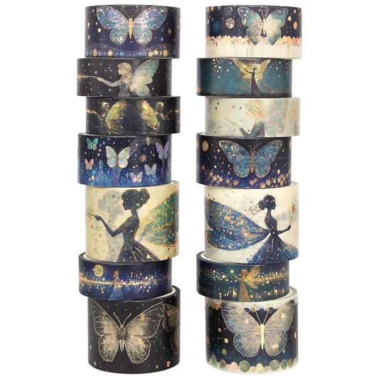 14 Rolls Washi Tape Set - Gold Foil Green Fairy Decorative Masking Tape Butterfly, Fairy, Star, Magic, Adhesive Tape for Bullet Journal,DIY Craft,Scrapbooking Supplies,Gift Wrapping