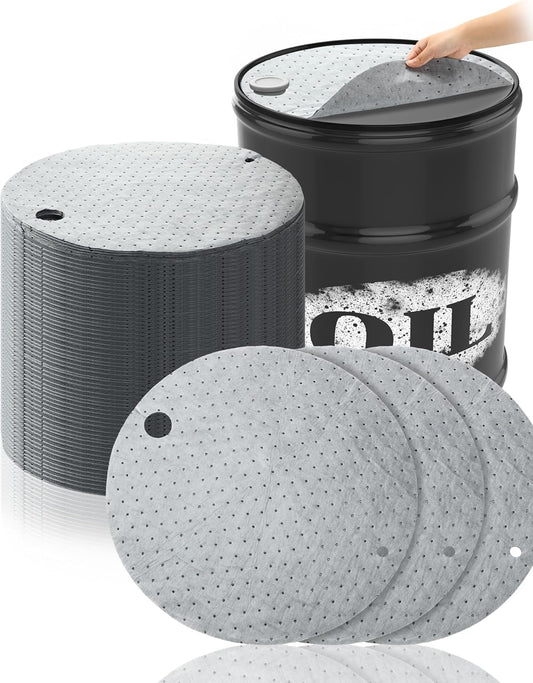 Frienda 25 Pcs Drum Top Absorbent Pads for 55 Gallon Drums Barrel Oil Absorbent Pads Mat 22 Inch Diameter Lid Oil Mat with Bungs 0.75 Inch Diameter and 2 Inch Diameter, Gray